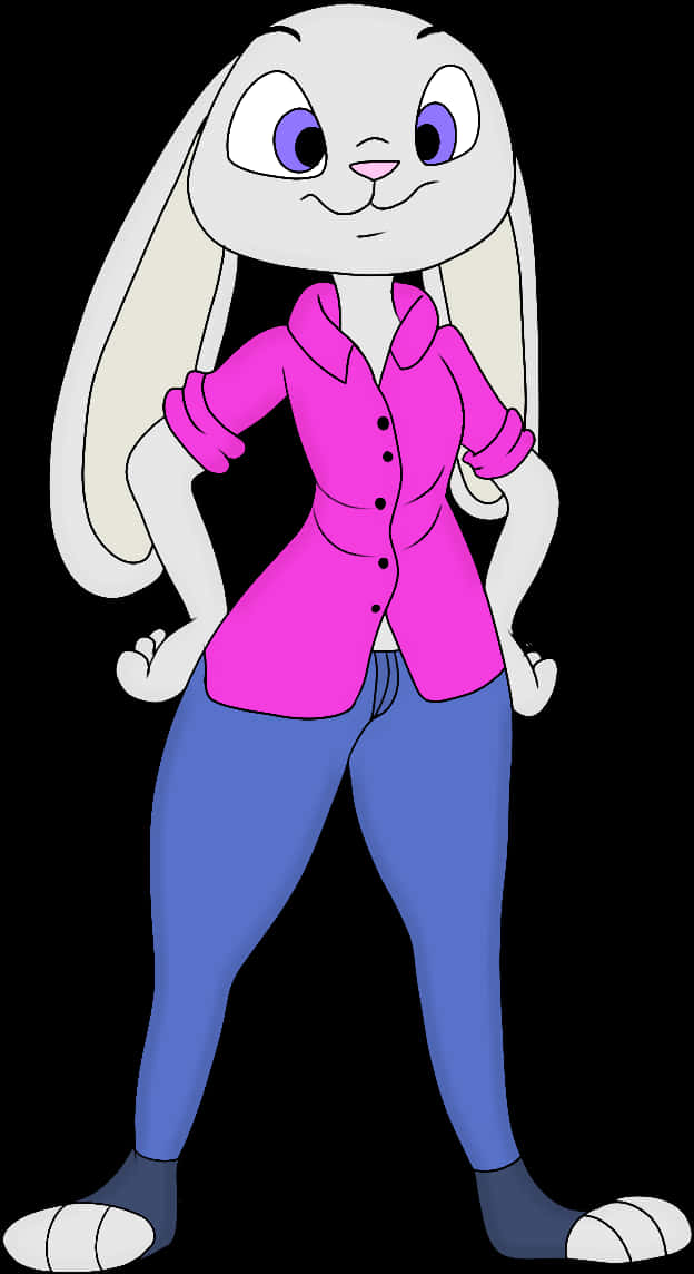 Disney Character 桌布 壁紙 — 一隻長耳朵的卡通兔穿著粉紅色襯衫和藍色褲子，自信地站在黑色背景前。