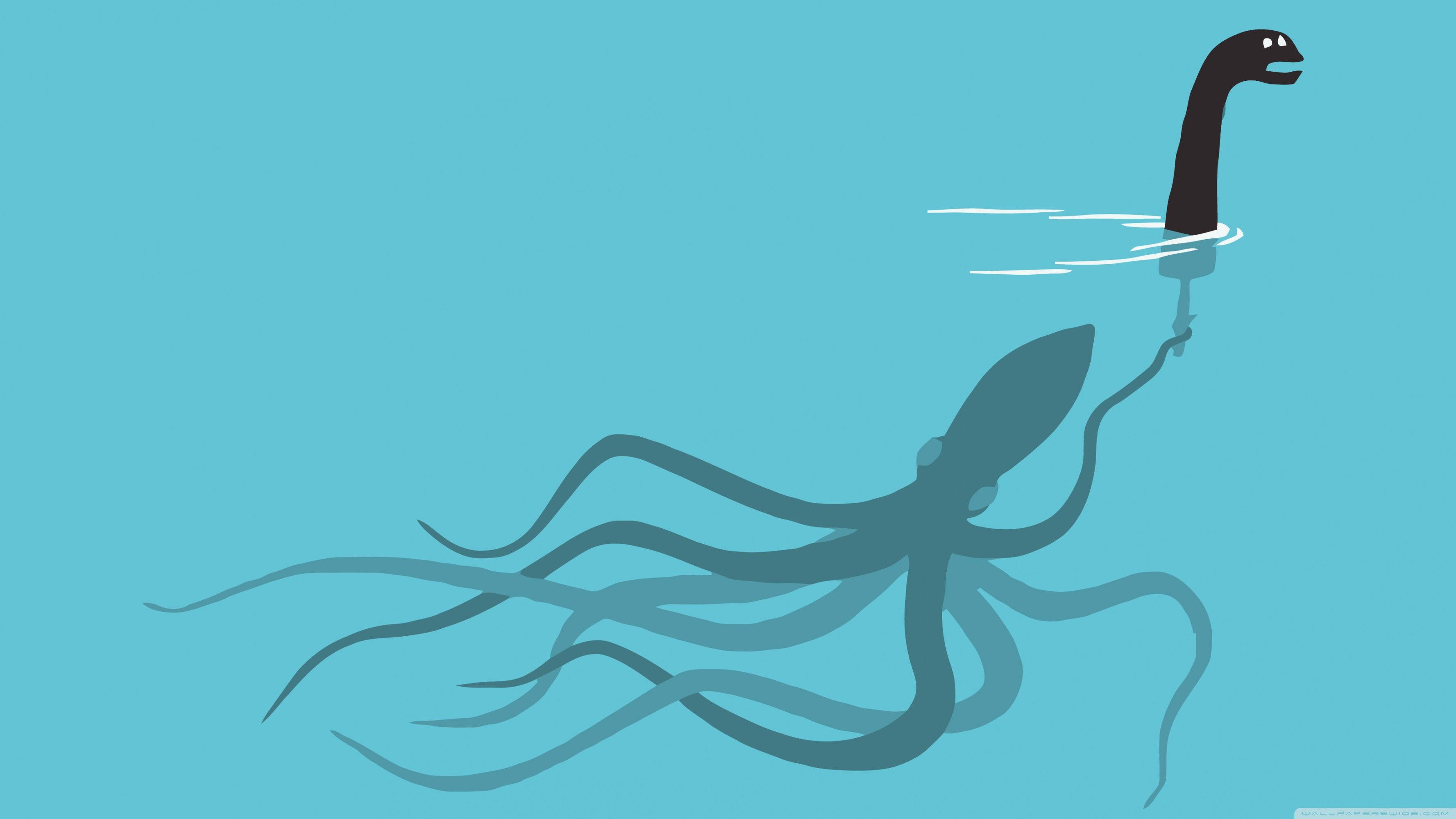 Swimming 桌布 壁紙 — 一隻長頸卡通章魚從藍綠色水中探出頭來，其陰影般的身體在水下游動。
