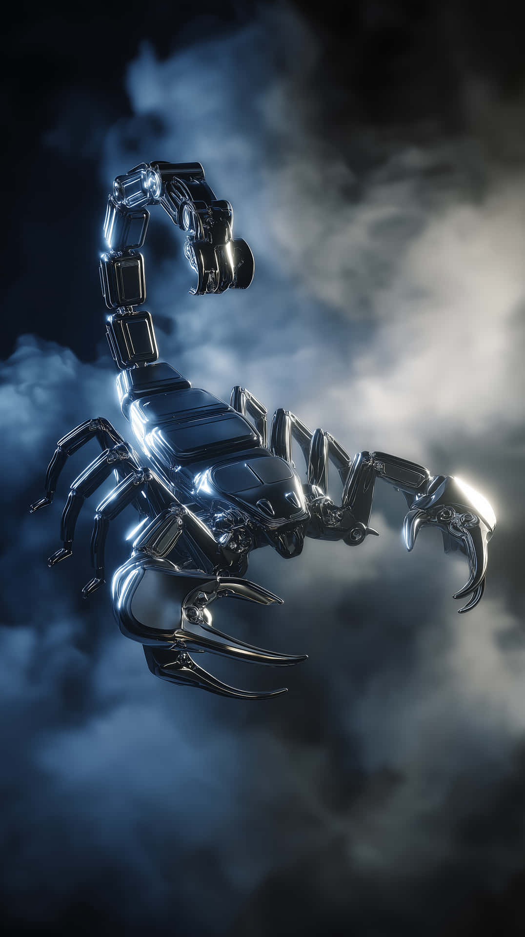 Ultra-Detailed Chrome Scorpion in Smokey Setting 壁紙 — 一隻閃亮的鉻色蠍子在旋轉的烏雲中漂浮，帶有發光的藍色亮點。