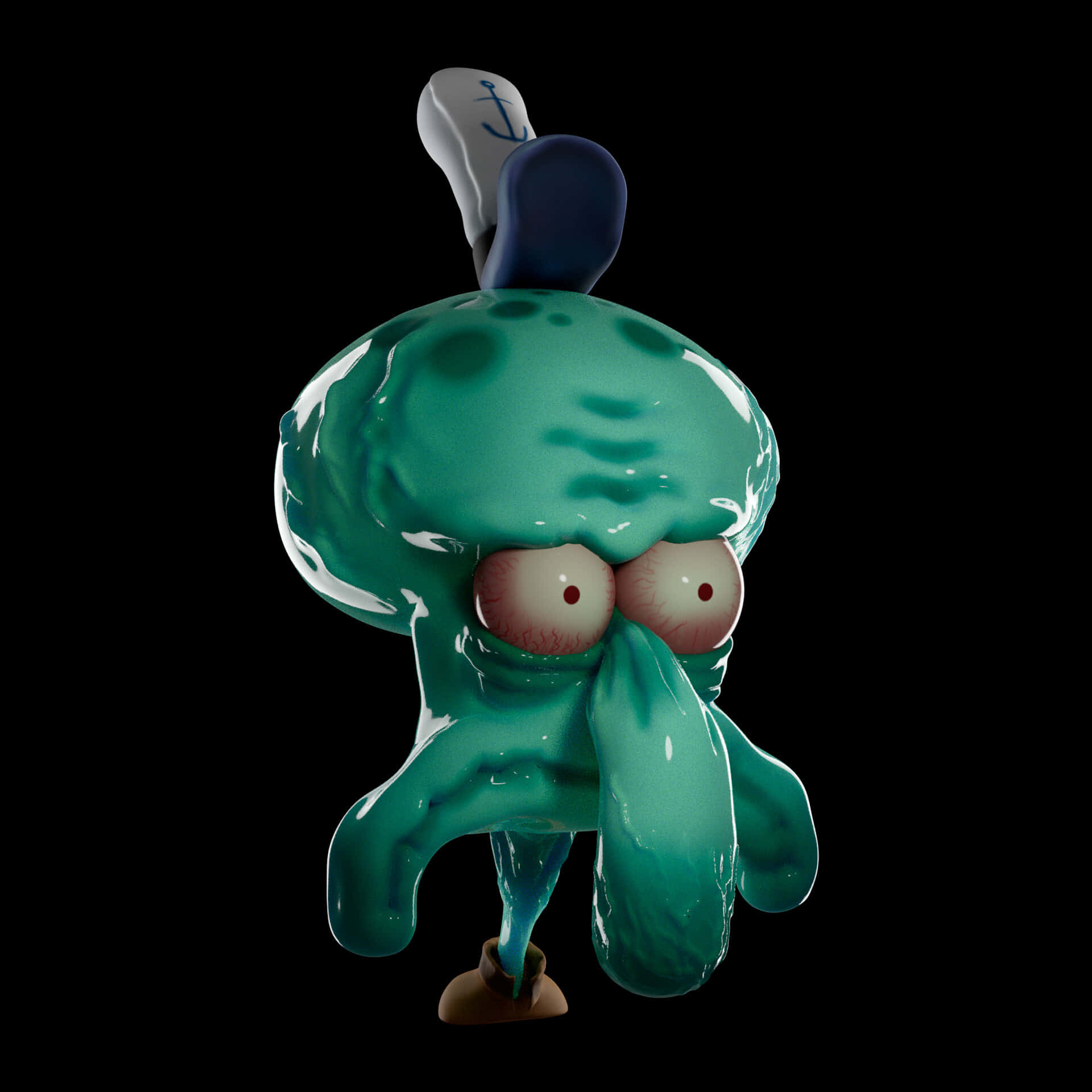 Squidward 桌布 壁紙 — 一隻閃亮的青綠色卡通章魚，有大眼睛和戴著水手帽，站在黑色背景前。