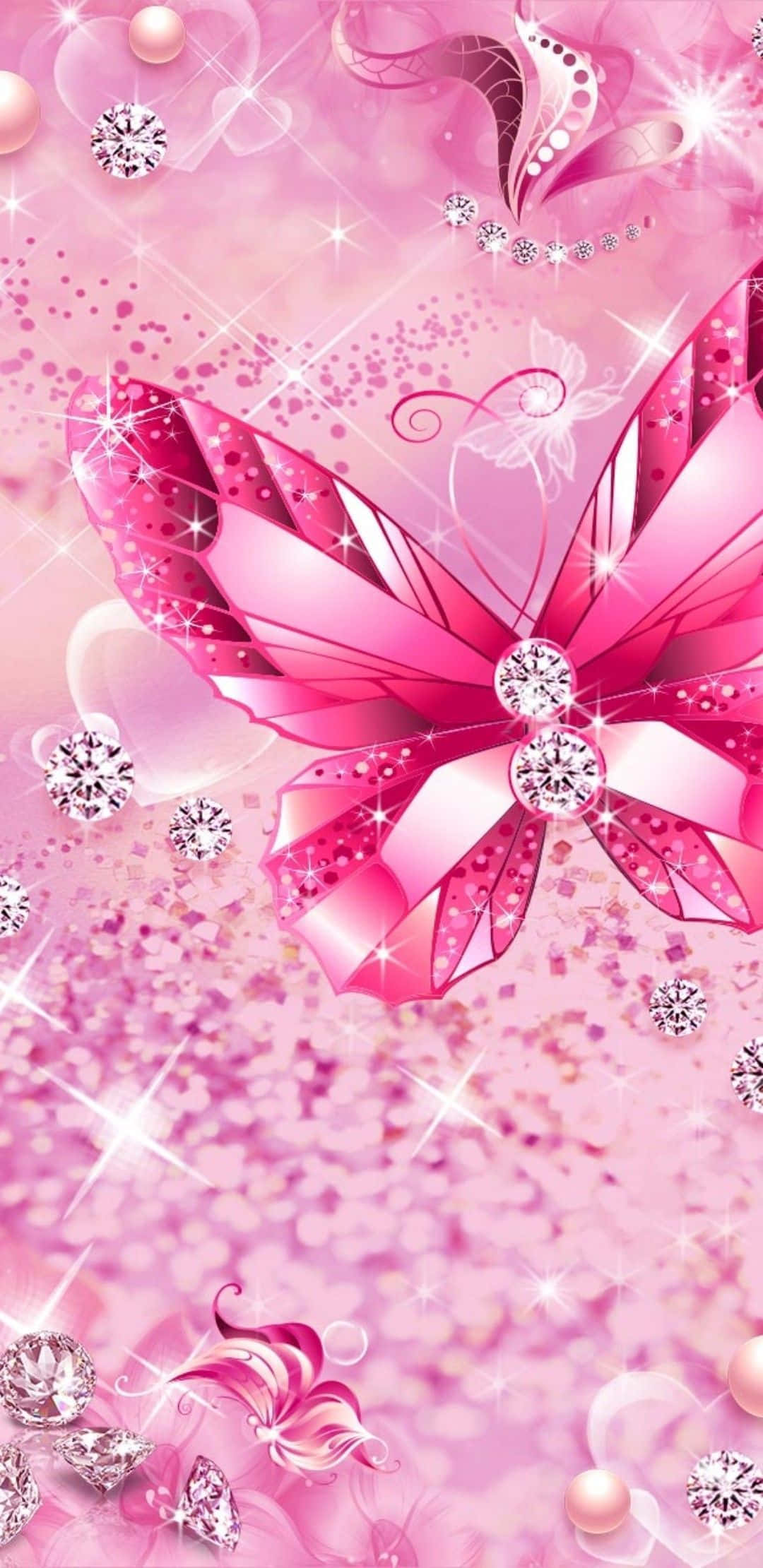 Pink Glitter Butterfly 桌布 壁紙 — 一隻閃爍的粉紅色蝴蝶，飾有鑽石和絲帶，漂浮在閃爍的粒子和珍珠之間，背景是柔和的粉紅色漸變。