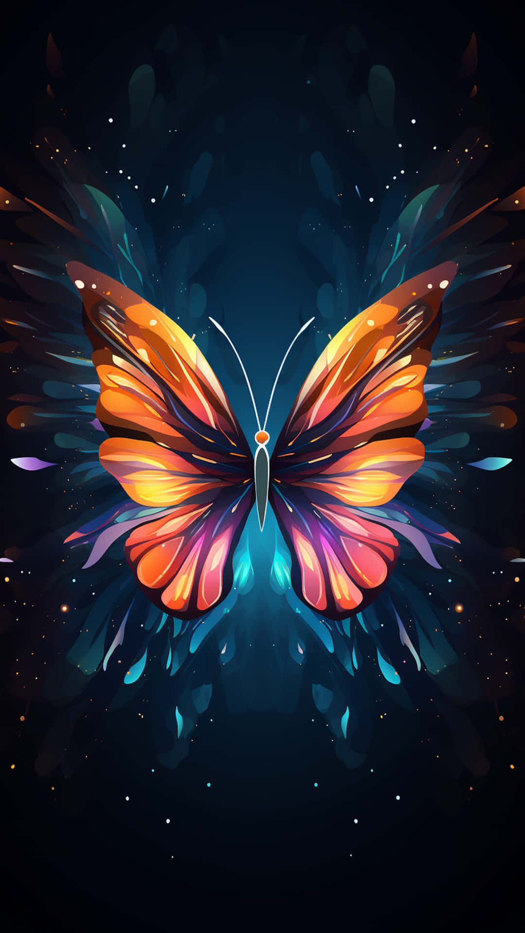 A butterfly new background design 壁紙 — 一隻閃爍的蝴蝶，帶有火橙色和電光藍色的翅膀，在佈滿星星的宇宙黑暗背景中發光。