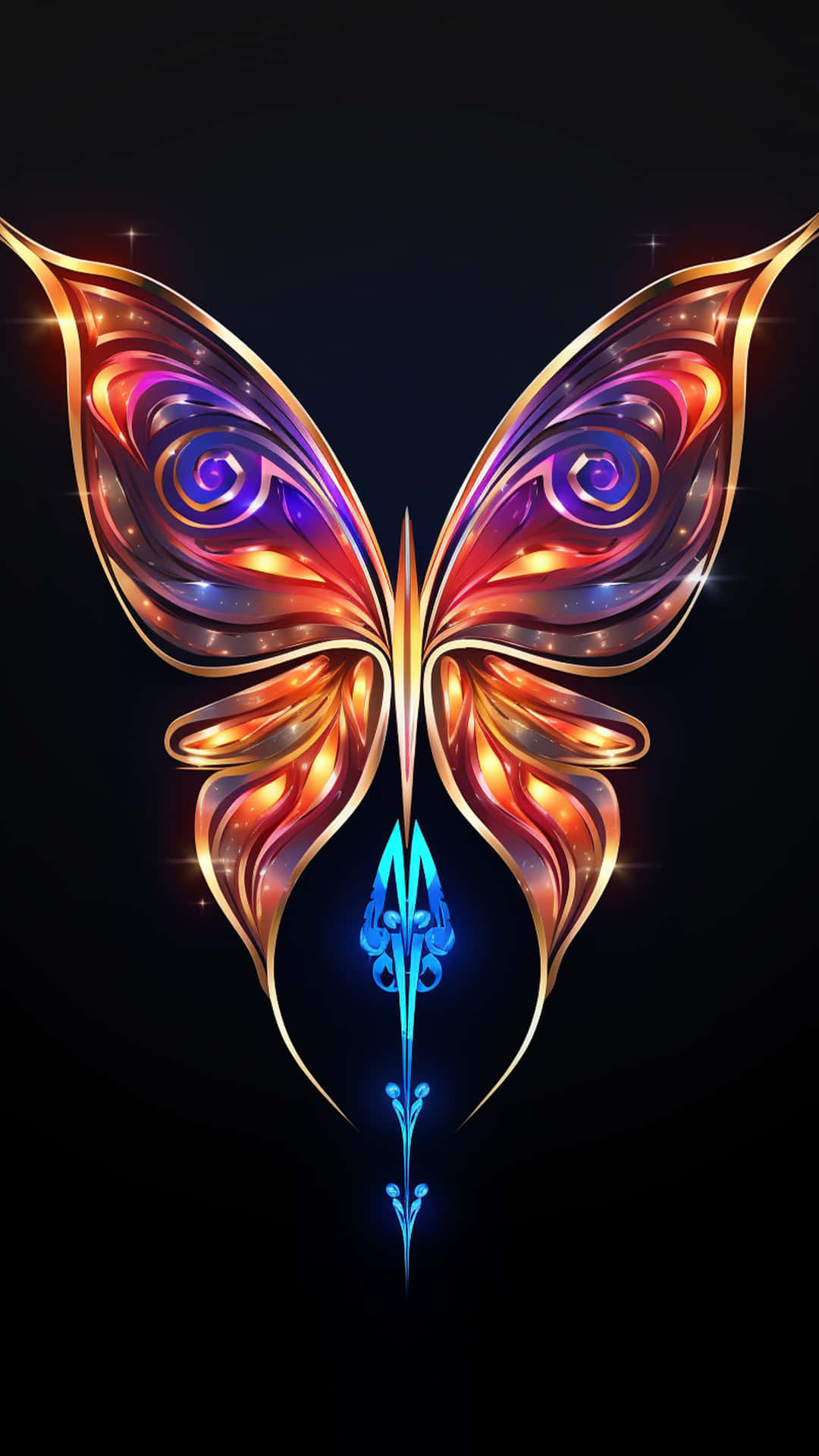 A colourful rainbow butterfly 壁紙 — 一隻閃爍的蝴蝶，帶有紫色、橙色和金色的漩渦翅膀，在黑暗的星空背景下發光。
