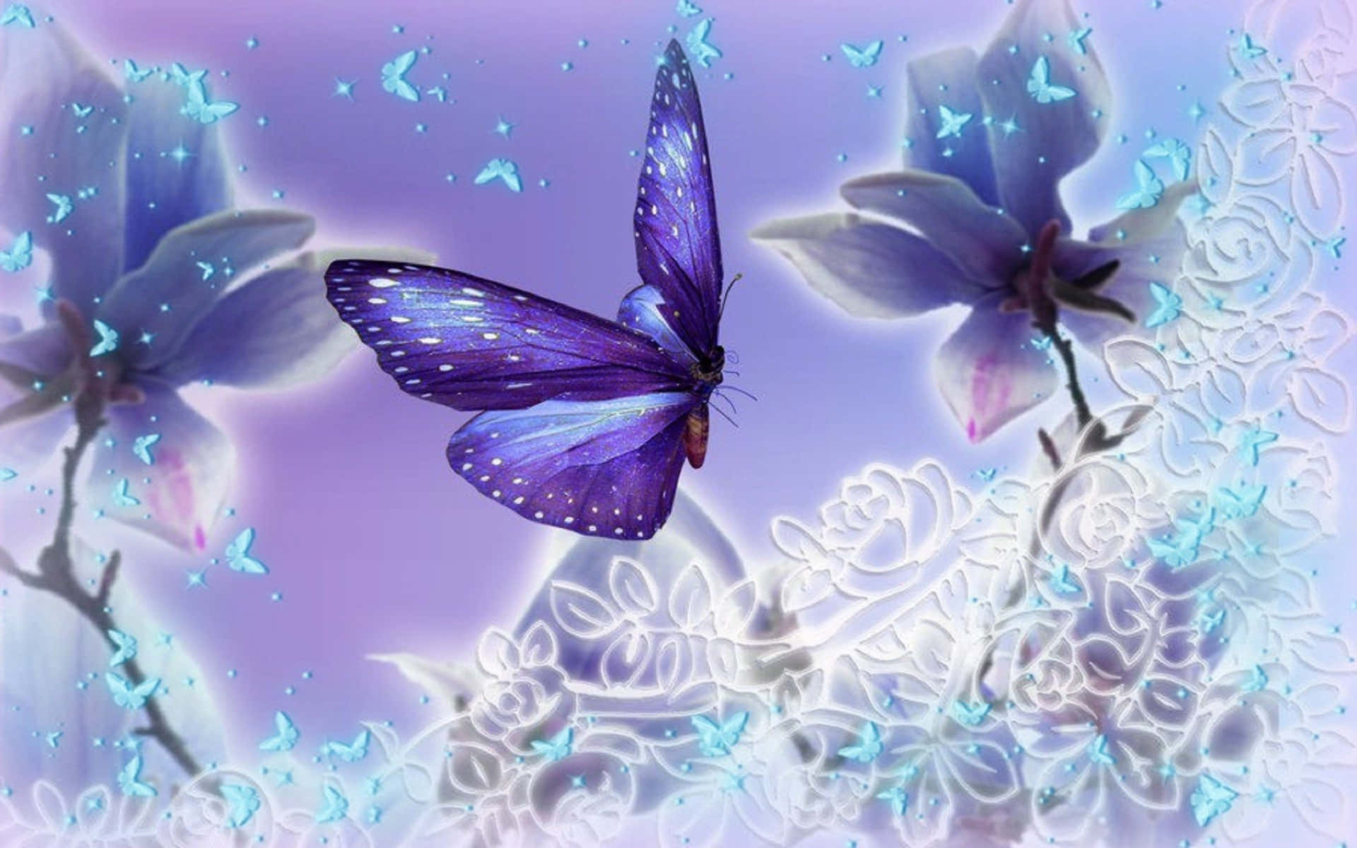 Butterflies Laptop 桌布 壁紙 — 一隻閃爍著光芒的紫色蝴蝶，閃耀的翅膀在夢幻般的薰衣草田中滑翔，點綴著發光的花卉圖案和飄浮的蝴蝶。