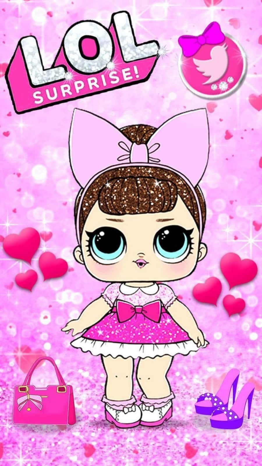 Lol Doll 桌布 壁紙 — 一隻閃粉粉紅色LOL Surprise公仔，有大藍眼睛和兔耳，站在心形和閃粉之間。