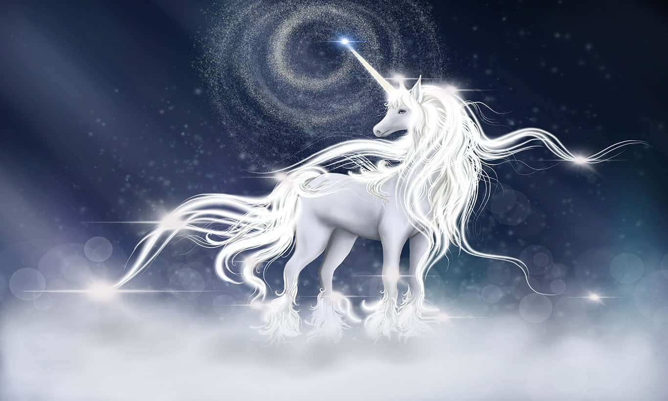 Magical Unicorn 桌布 壁紙 — 一隻閃耀的白色獨角獸，帶有發光的鬃毛和角，站在雲端上，背景是旋轉的宇宙星系。