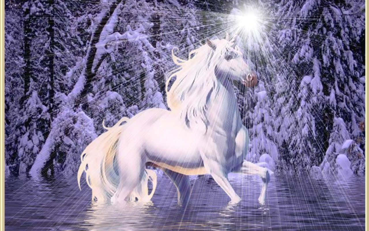 Real Unicorn 桌布 壁紙 — 一隻閃耀的白色獨角獸站在雪水中，發光的角在雪覆蓋的樹木之間。
