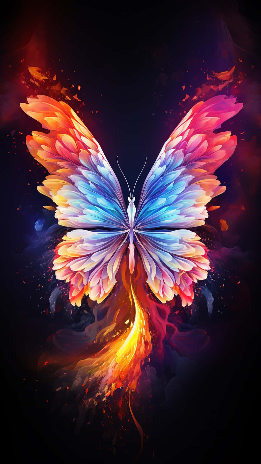 A vivid colourful rainbow butterfly 壁紙 — 一隻閃耀的蝴蝶，帶有藍色、粉紅色和橙色的彩虹翅膀，從一條火焰尾巴中出現，背景是黑暗的宇宙。