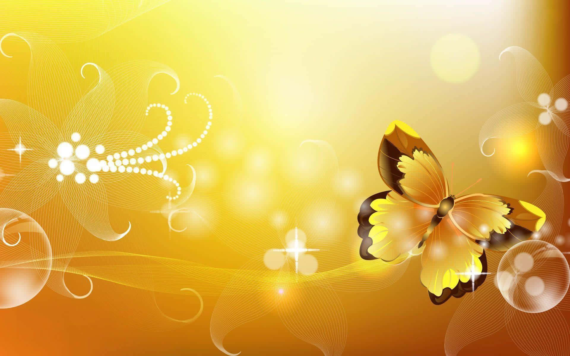 Butterfly Desktop 桌布 壁紙 — 一隻閃耀的金色蝴蝶，翅膀發光，在旋轉的光影圖案和閃爍的散景中飛翔，背景是溫暖的漸變色。