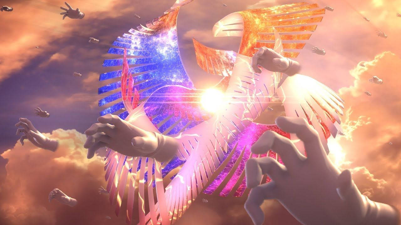 Smash Bros Ultimate 桌布 壁紙 — 一隻閃耀的鳳凰，翅膀發光，從宇宙光的爆發中出現，雙手在熾熱的日落天空下伸向它。