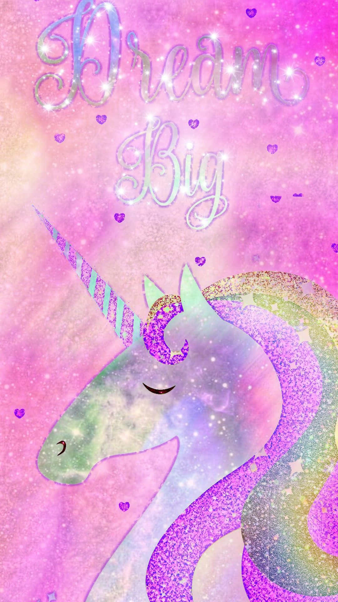Pastel Unicorn 桌布 壁紙 — 一隻閃閃發光的粉彩獨角獸，閉著眼睛，彩虹鬃毛，漂浮在夢幻的粉紅色天空中，伴有閃光和心形。