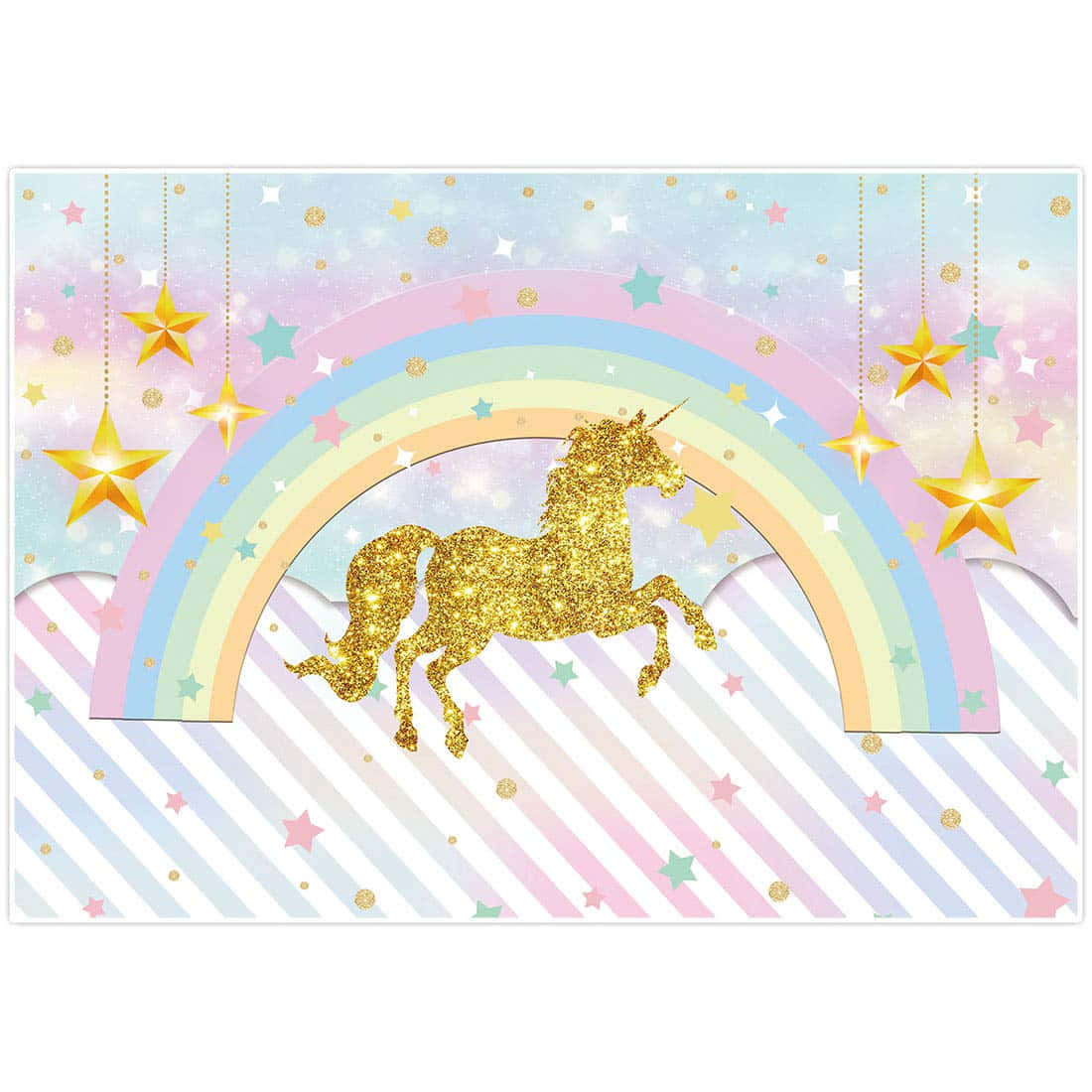 Unicorn Rainbow 桌布 壁紙 — 一隻閃閃發光的金色獨角獸在條紋背景上，跳躍在裝飾著懸掛金色星星的粉彩彩虹下。