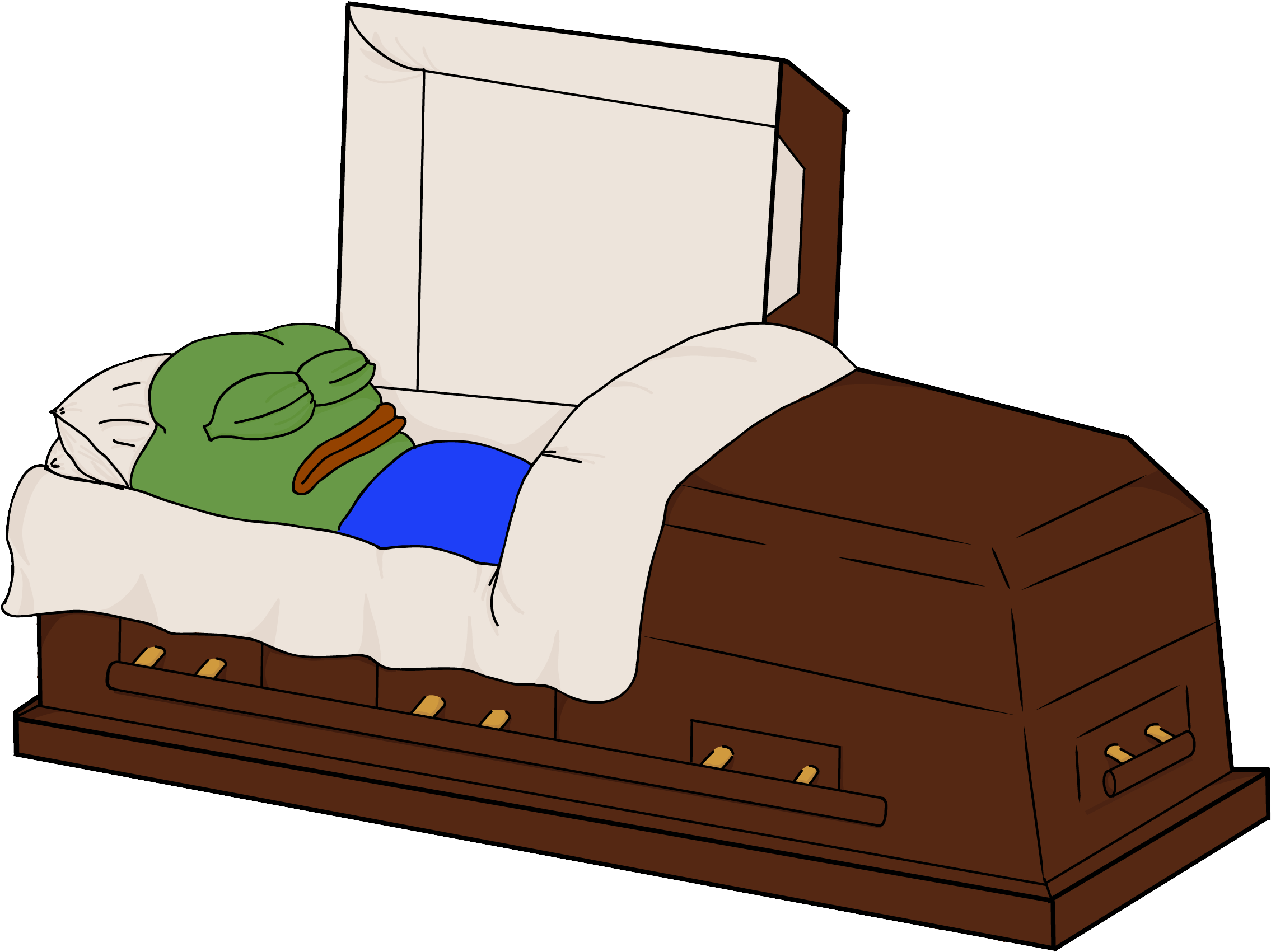 pepe frog 桌布 壁紙 — 一隻閉著眼睛的卡通青蛙，在打開的棕色棺材裡，蓋著白色毯子，安詳地休息。