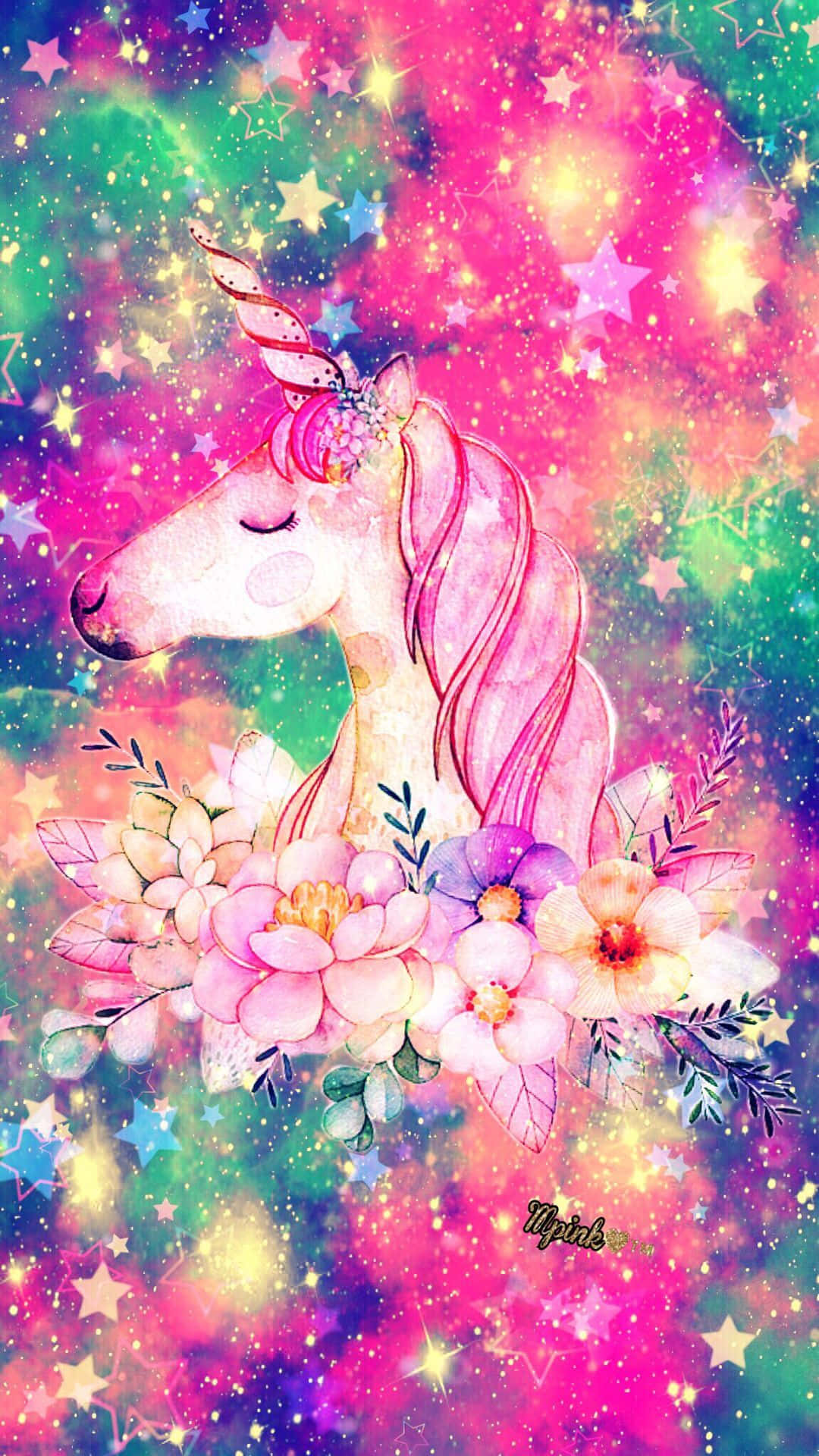閃爍 桌布 壁紙 — 一隻閉著眼睛的寧靜水彩獨角獸，在星星和彩虹星雲閃爍的宇宙背景下，安息在粉彩花叢中。