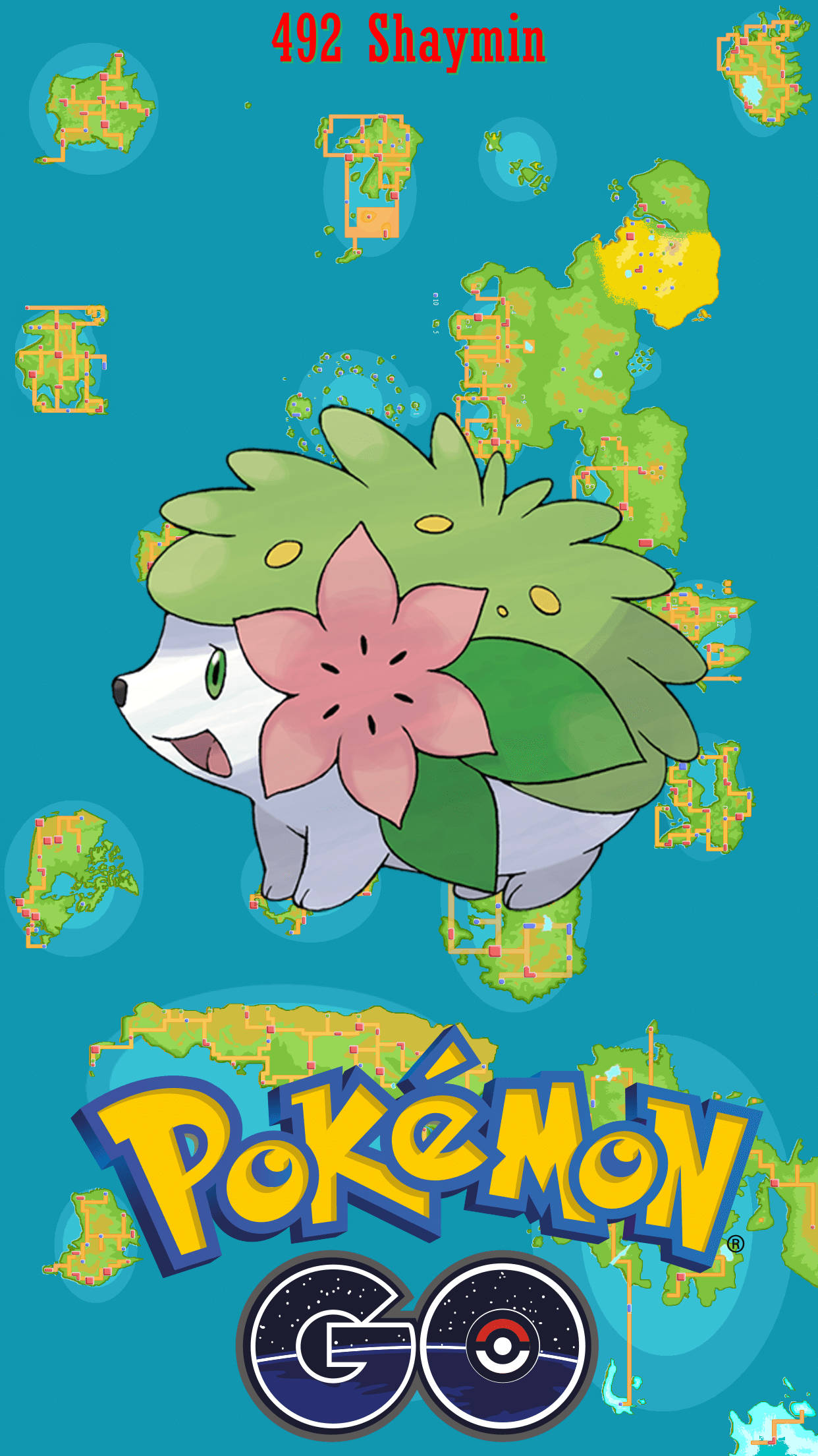 Shaymin 桌布 壁紙 — 一隻開心的 Shaymin 漂浮在青綠色背景上，背景中有漂浮的 Pokémon 地圖碎片和下方的 Pokémon GO 標誌。