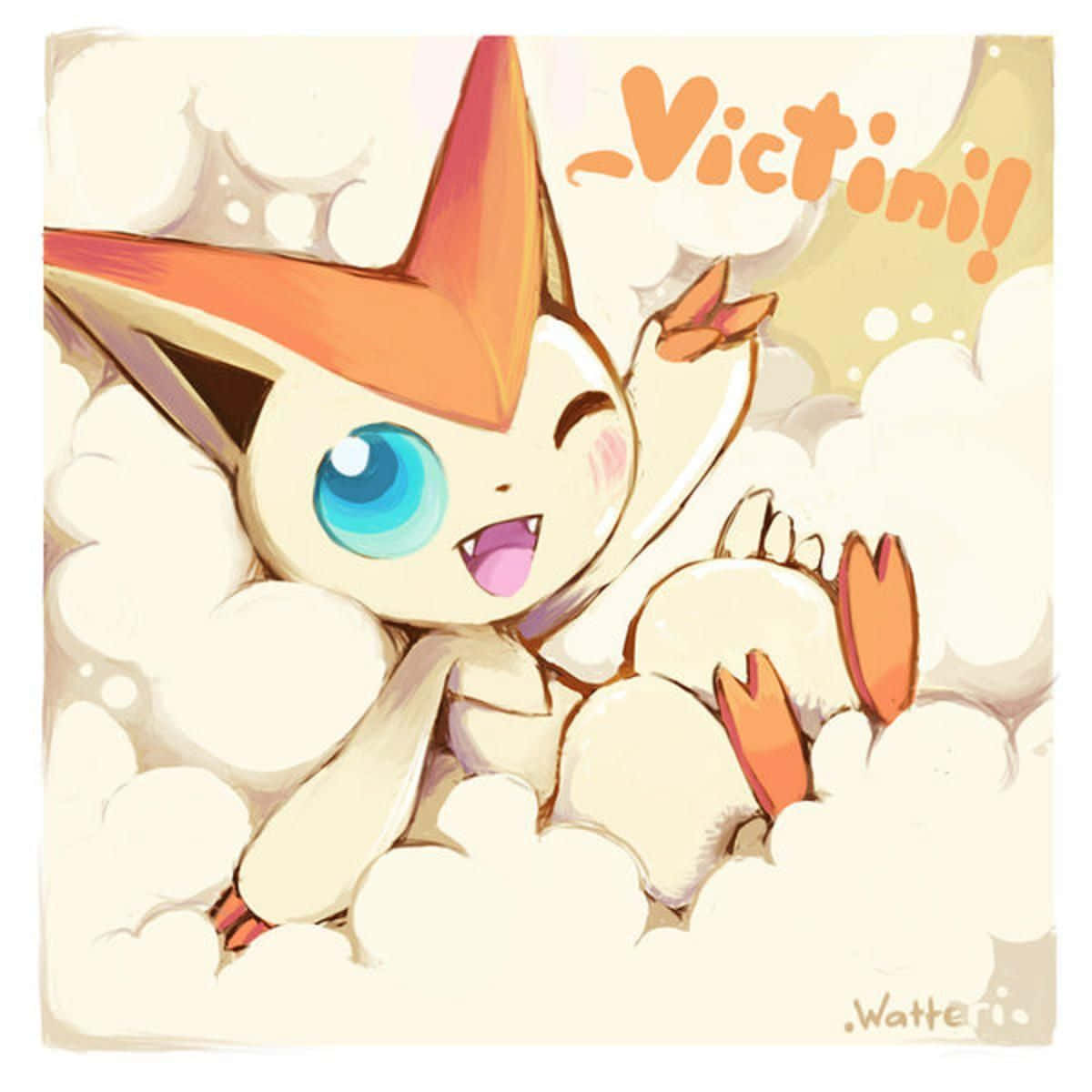寶可夢 桌布 壁紙 — 一隻開心的 Victini 閉上一隻眼並眨眼，坐在蓬鬆的雲朵上，揮舞著明亮的橙色角和藍色的眼睛。