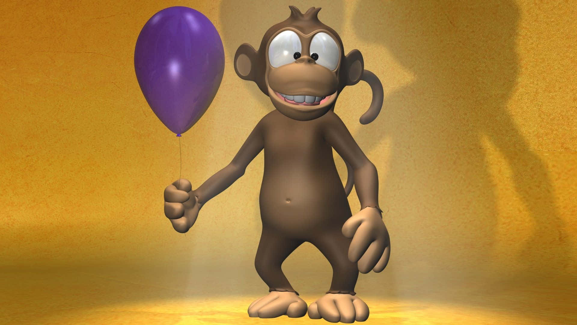 Monkey 桌布 壁紙 — 一隻開心的3D卡通猴子在溫暖的金色背景下拿著一個紫色氣球。