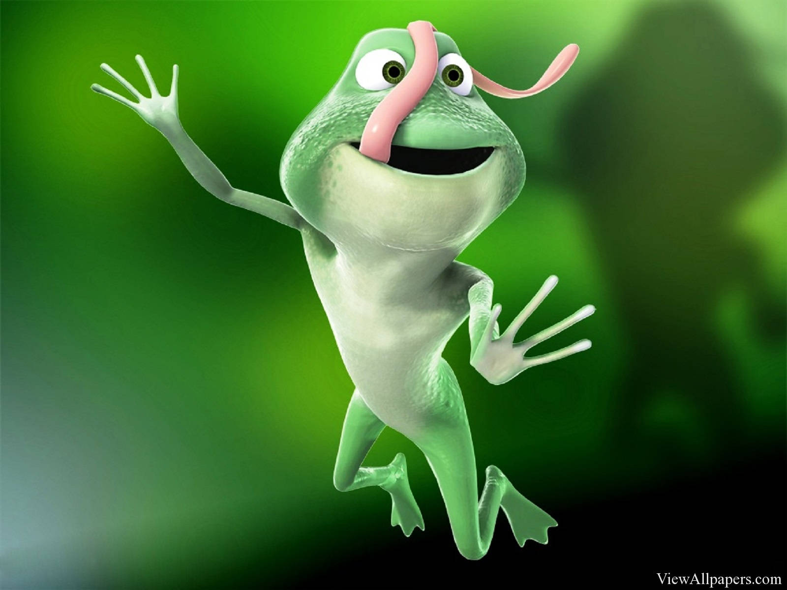 Frog 桌布 壁紙 — 一隻開心的3D卡通青蛙，有著長長的粉紅色舌頭，在充滿活力的綠色模糊背景前開心地揮手。