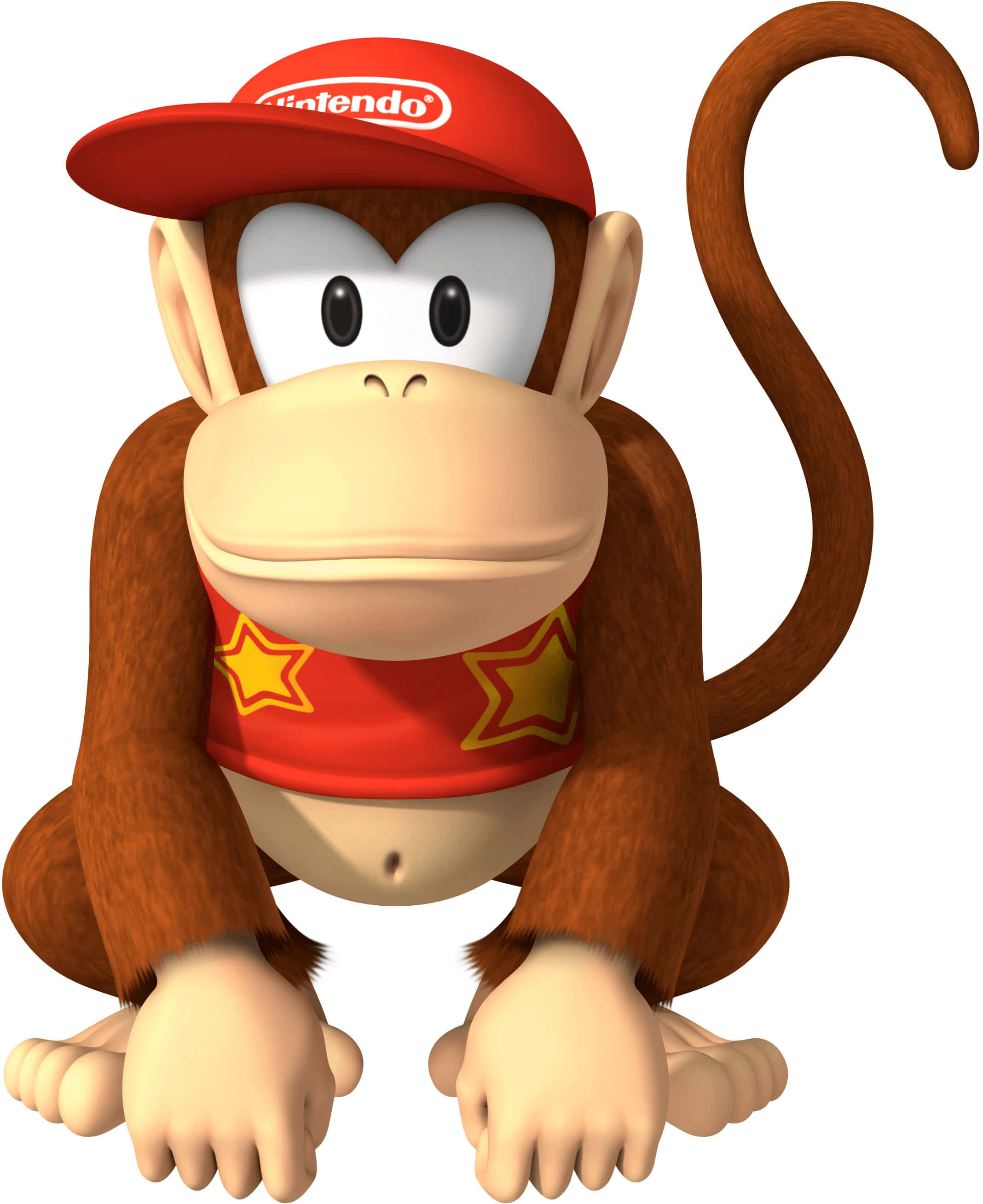Diddy Kong 桌布 壁紙 — 一隻開心的3D渲染猴子戴著紅色任天堂帽和星星衫，在純白背景前坐直。