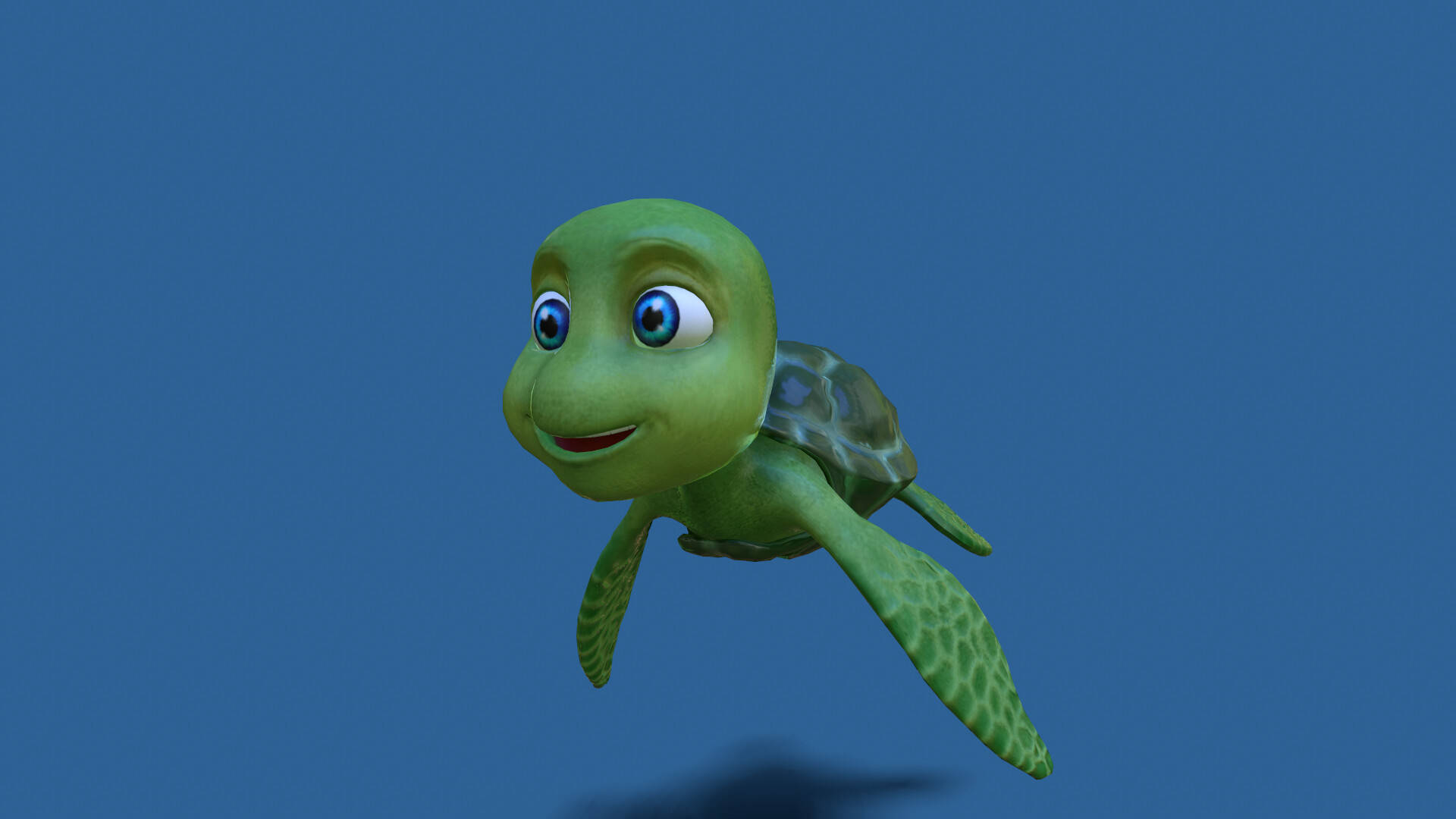 Cartoon Turtle 桌布 壁紙 — 一隻開心的3D渲染綠色海龜，有大藍色眼睛，在純藍色背景上快樂地游泳。