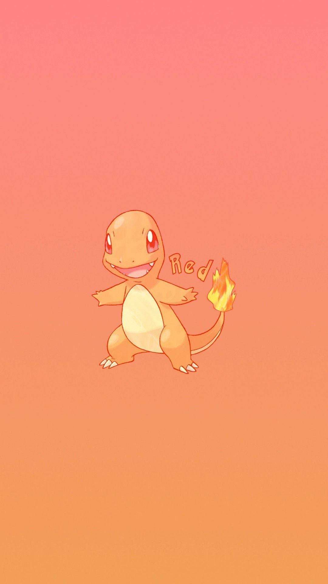 小火龍 桌布 壁紙 — 一隻開心的Charmander，尾巴有火焰，站在柔和的漸層蜜桃色背景前。