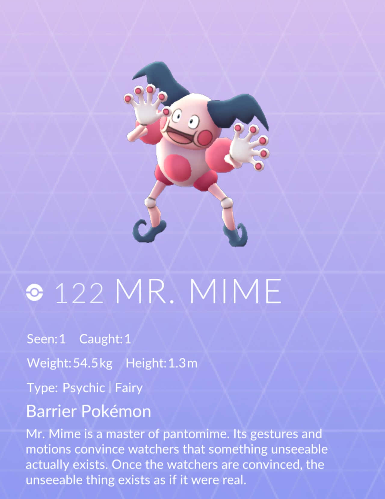 Mr. Mime 桌布 壁紙 — 一隻開心的Mr. Mime寶可夢漂浮在帶有幾何圖案的紫色漸變背景上。