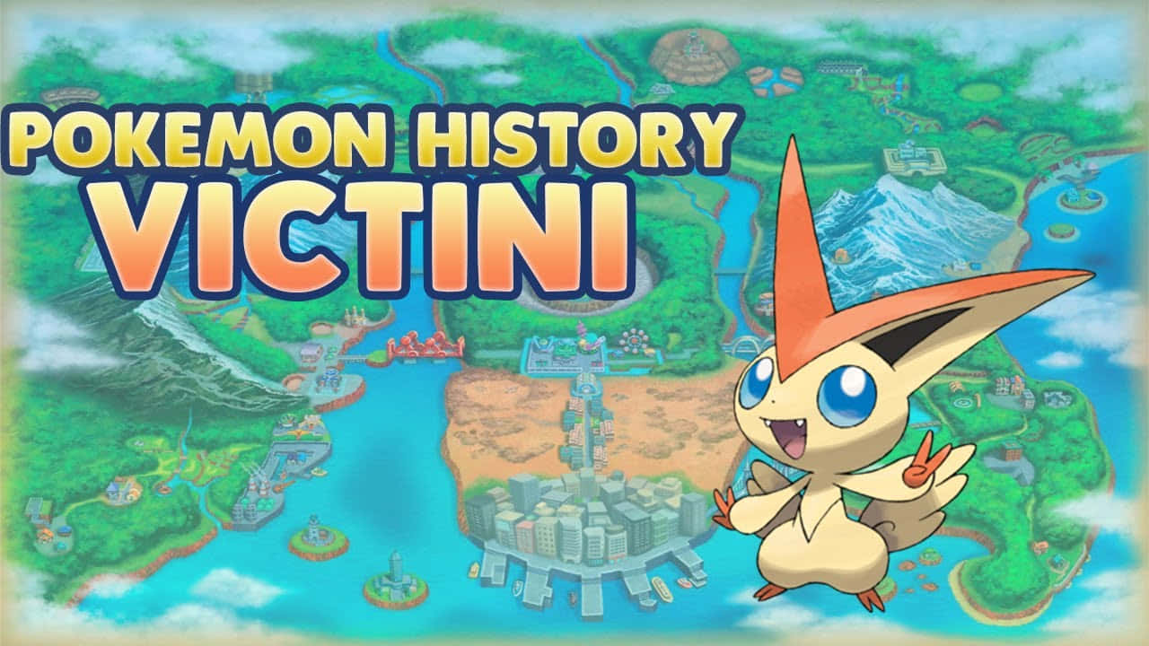 藝術 桌布 壁紙 — 一隻開心的Victini愉快地漂浮在標有「Pokémon History Victini」的彩色寶可夢世界地圖上。