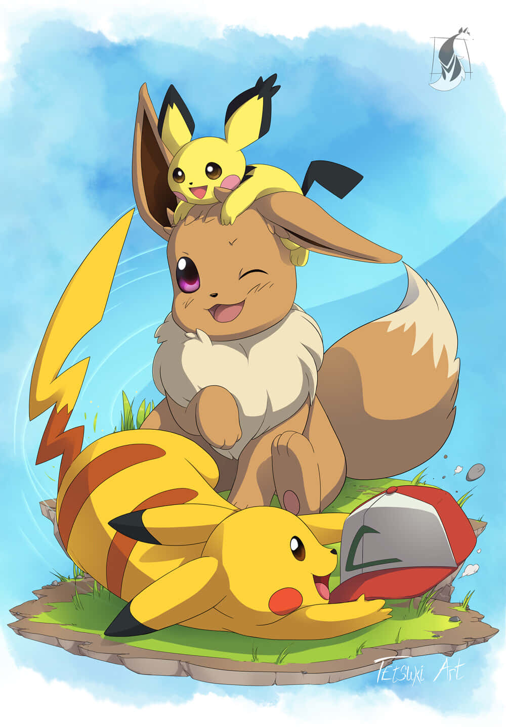 Cute Pikachu And Eevee 桌布 壁紙 — 一隻開心的伊布眨著眼，而皮卡丘和皮卡丘寶寶在晴朗藍天下的浮島上頑皮地棲息。