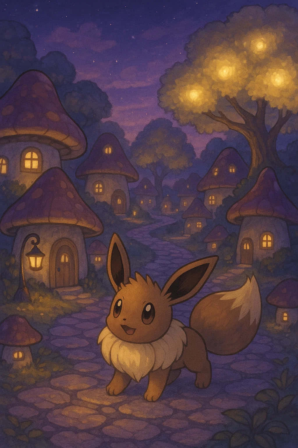 Eevee Wallpaper Pokemon 4K WEBP HD Download 壁紙 — 一隻開心的伊布站在鵝卵石小徑上，身處一個奇幻村莊，村裡有發光的蘑菇屋，上方是星光閃爍的暮色天空。
