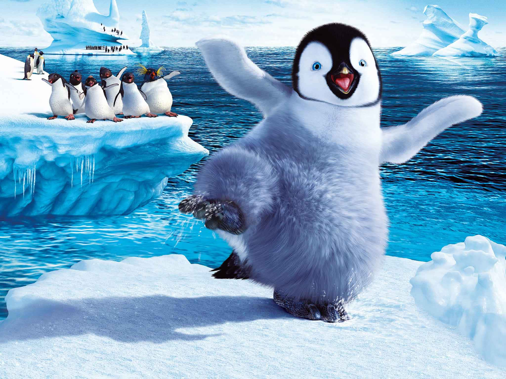 Penguin Funny 桌布 壁紙 — 一隻開心的動畫企鵝在雪冰上快樂地跳舞，一群企鵝從遠處的冰山觀看。