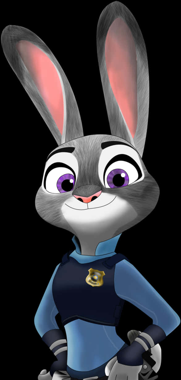 Judy Hopps 桌布 壁紙 — 一隻開心的動畫兔子警察，有紫色眼睛和灰色毛，自信地站在黑色背景前。