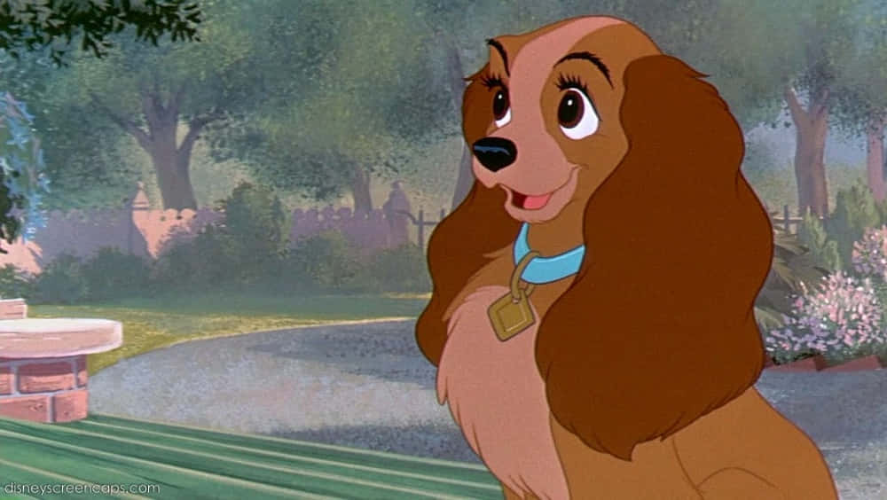 lady and the tramp 桌布 壁紙 — 一隻開心的動畫可卡犬，長著棕色長毛和藍色項圈，坐在陽光明媚的花園裡，周圍有樹木和花朵。