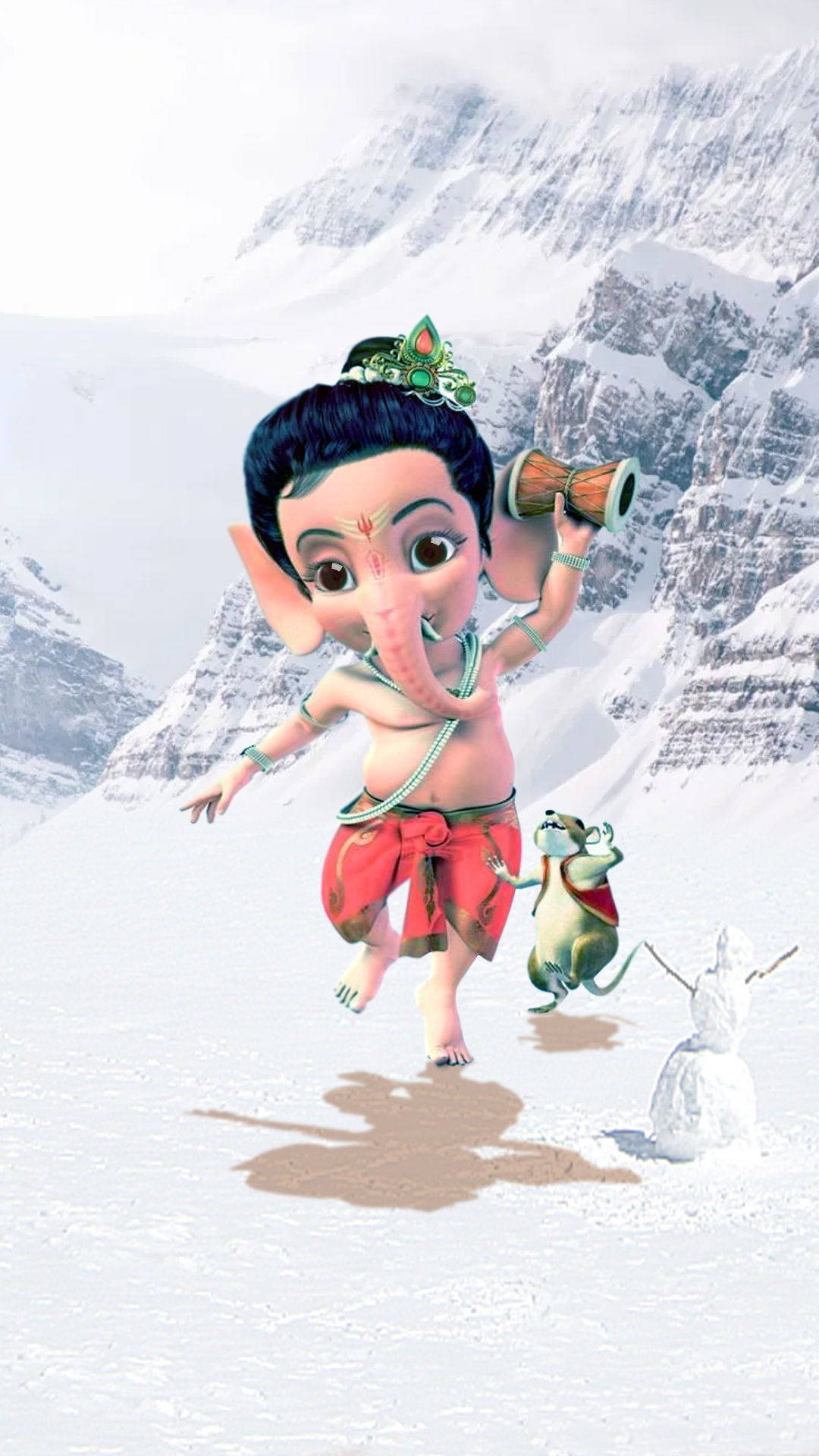 Mouse 桌布 壁紙 — 一隻開心的動畫小象神在雪山中與老鼠同伴和雪人一起跳舞。