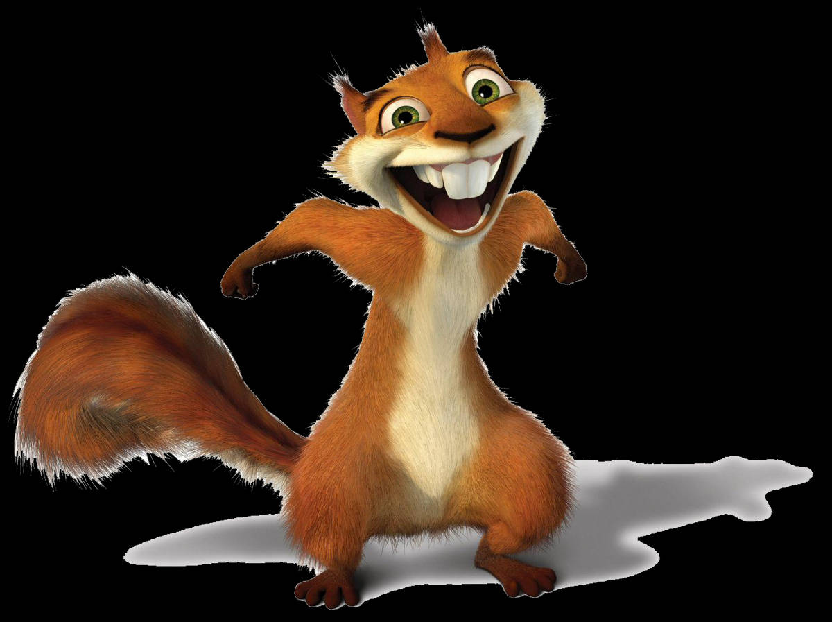 Over The Hedge 桌布 壁紙 — 一隻開心的動畫松鼠，有大眼睛和燦爛的笑容，站在黑色背景上的白色水坑上。