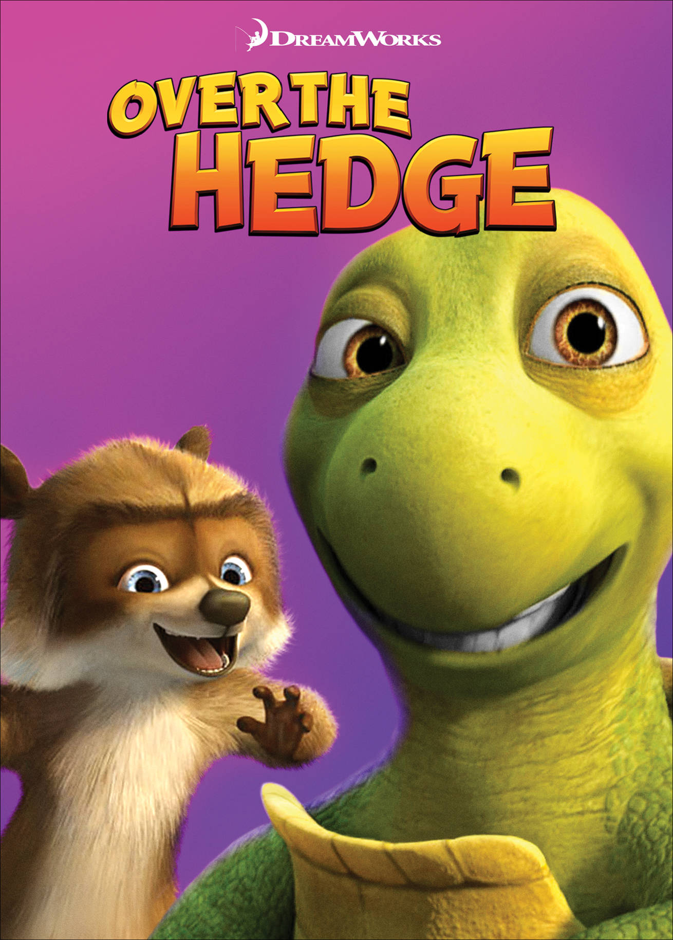 Over The Hedge 桌布 壁紙 — 一隻開心的動畫浣熊和烏龜在充滿活力的紫色背景上燦爛地微笑。