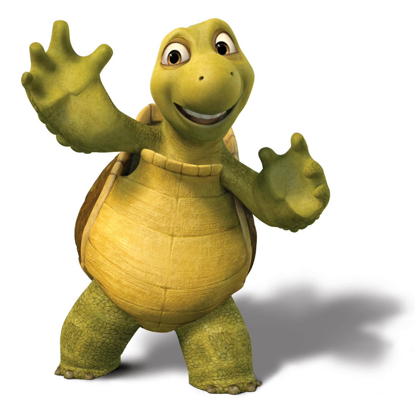 Over The Hedge 桌布 壁紙 — 一隻開心的動畫烏龜，綠色皮膚和黃色殼，在白色背景上開心地揮手。