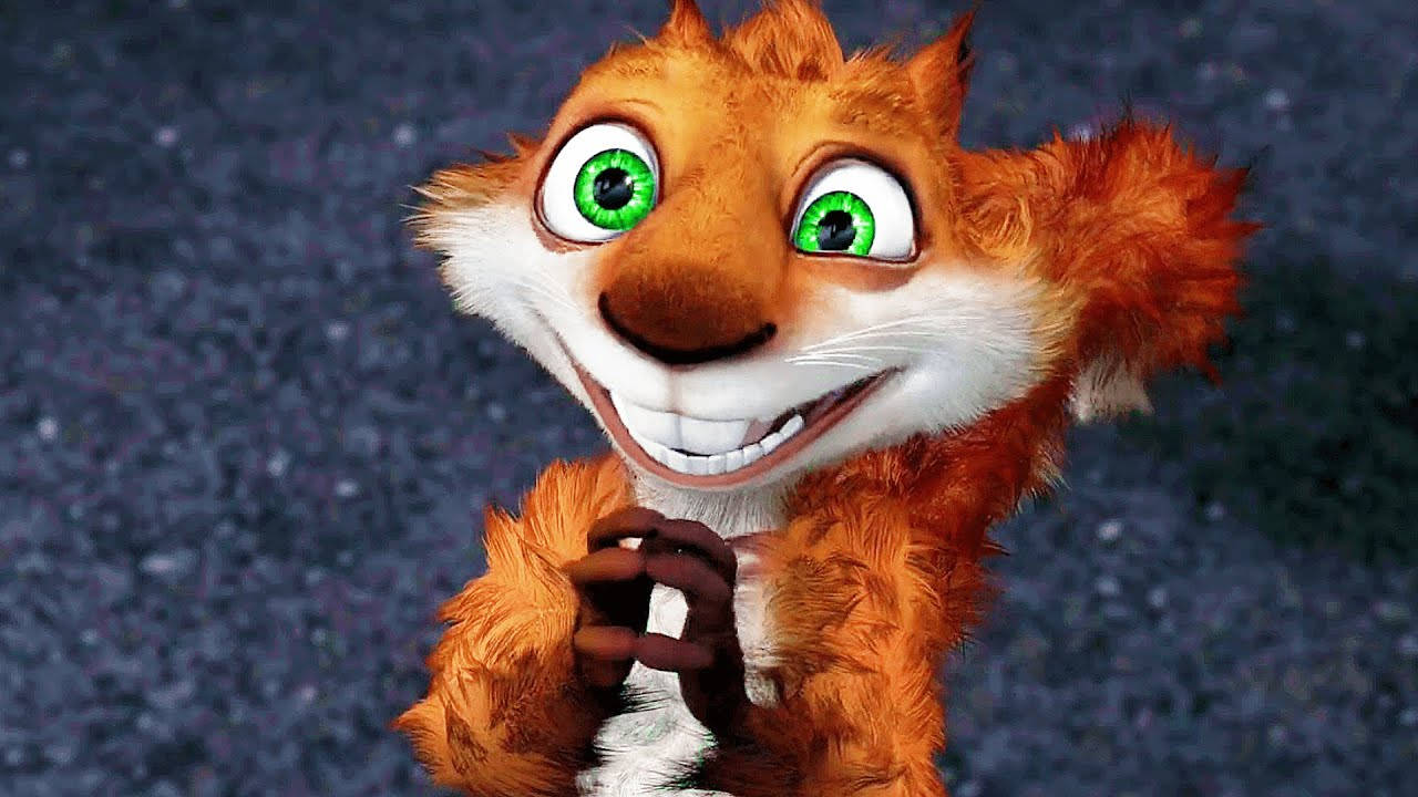 Over The Hedge 桌布 壁紙 — 一隻開心的動畫狐狸，有著明亮的綠色眼睛和蓬鬆的橙色毛髮，在深色紋理背景上咧嘴大笑。