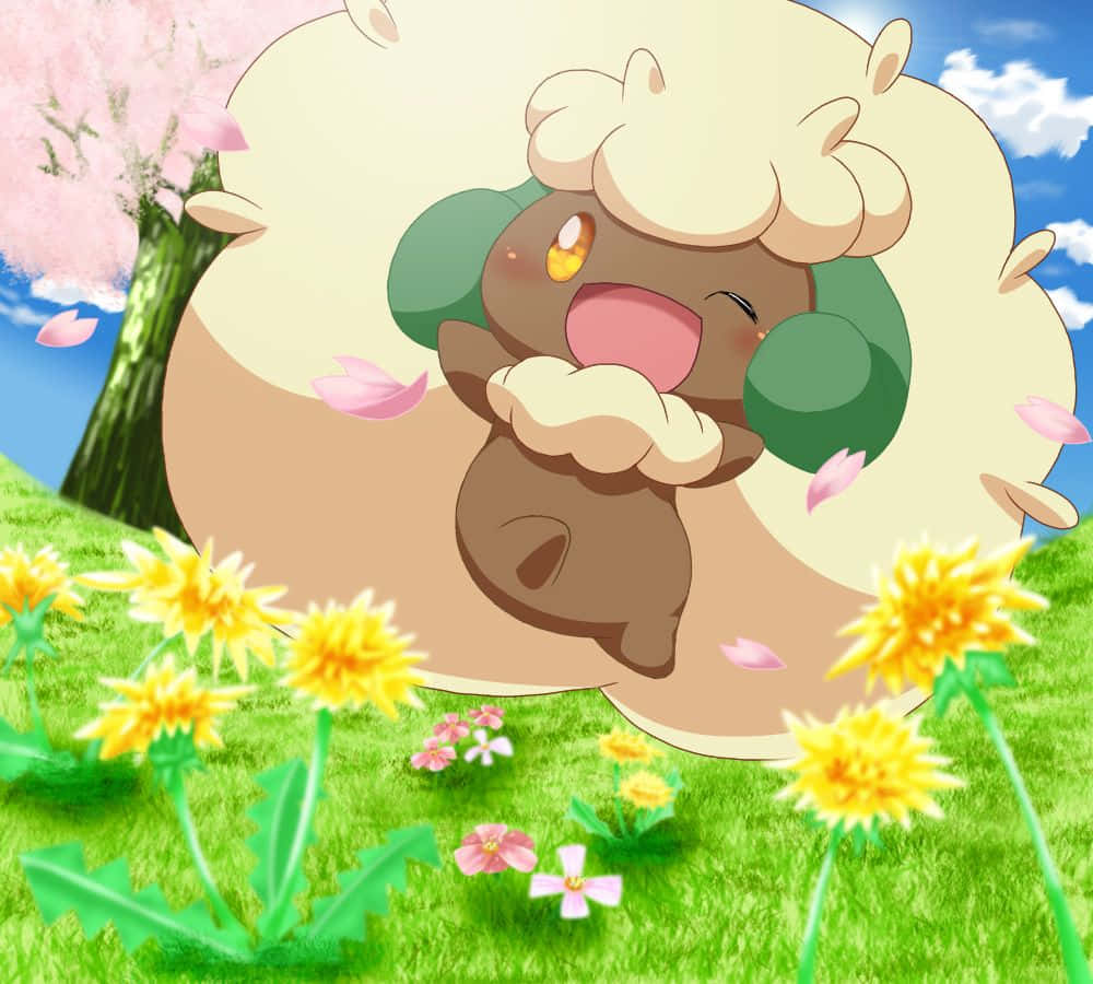 Wink 桌布 壁紙 — 一隻開心的動畫綿羊寶可夢愉快地站在充滿蒲公英和櫻花的春日草地上。
