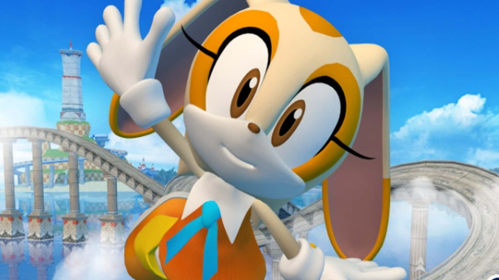 Cream The Rabbit 桌布 壁紙 — 一隻開心的動畫雌兔角色在色彩繽紛的遊樂園前，在明亮的藍天下愉快地揮手，背景有雲霄飛車。