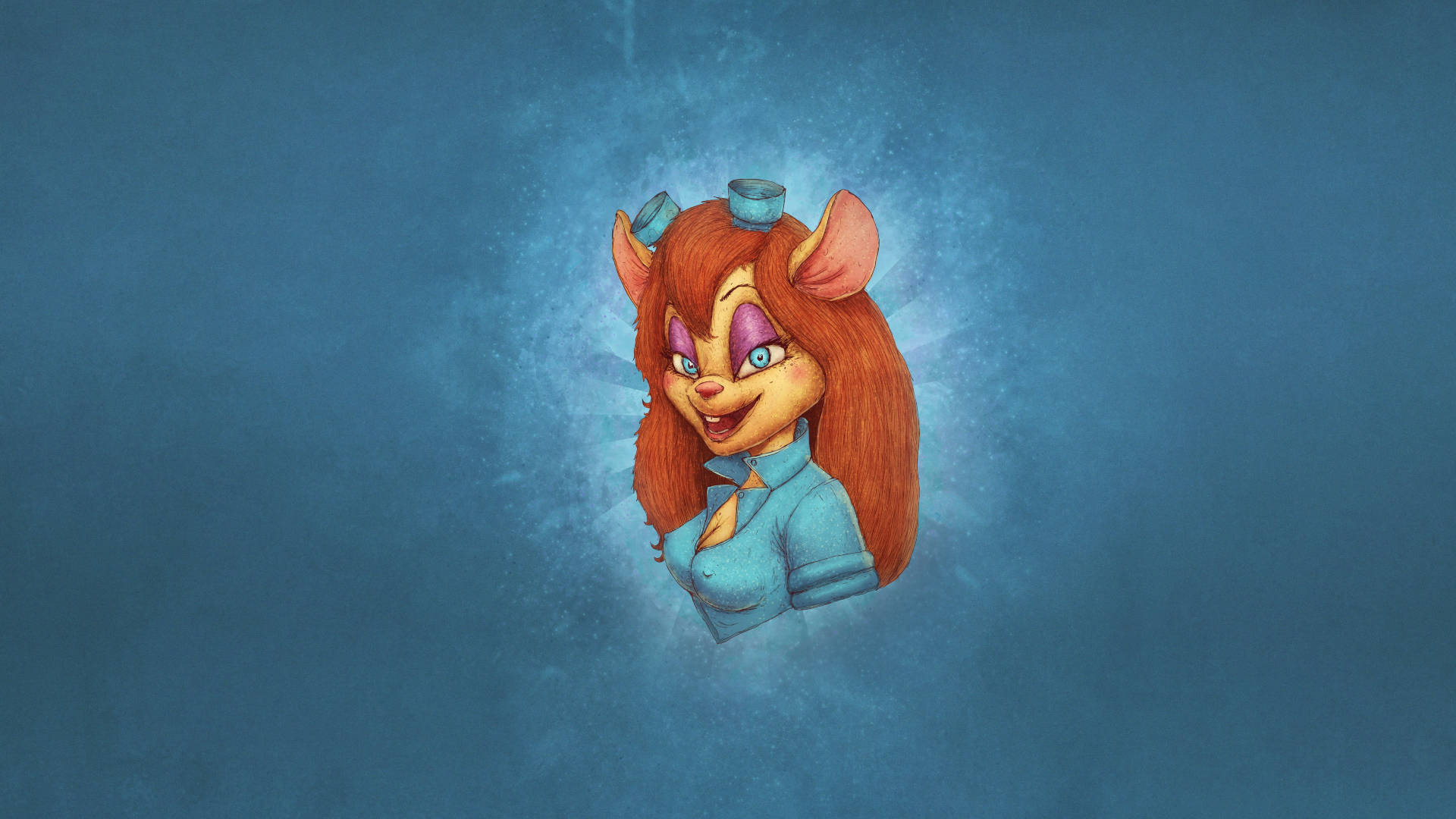 Cartoon Characters 桌布 壁紙 — 一隻開心的動畫雌性老鼠，紅髮藍眼，穿著藍色襯衫，在帶有紋理的藍色背景前微笑。