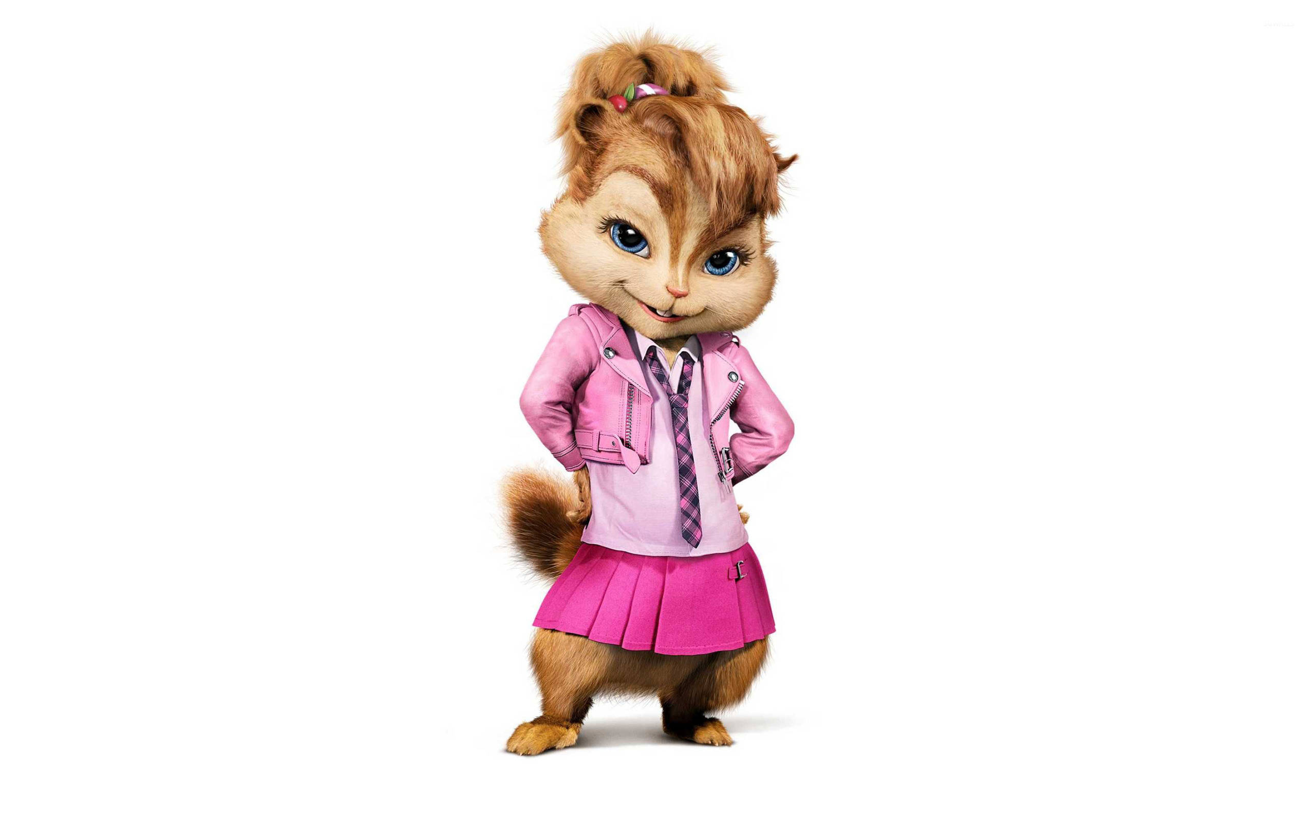 Chipmunks 桌布 壁紙 — 一隻開心的動畫雌性花栗鼠穿著粉紅色外套和裙子，在純白色背景前自信地擺姿勢。