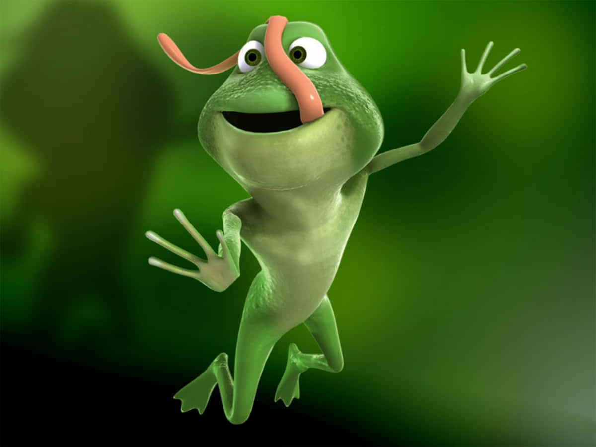 Frog 桌布 壁紙 — 一隻開心的動畫青蛙，長長的粉紅色舌頭，在柔和的綠色模糊背景上快樂地跳躍。