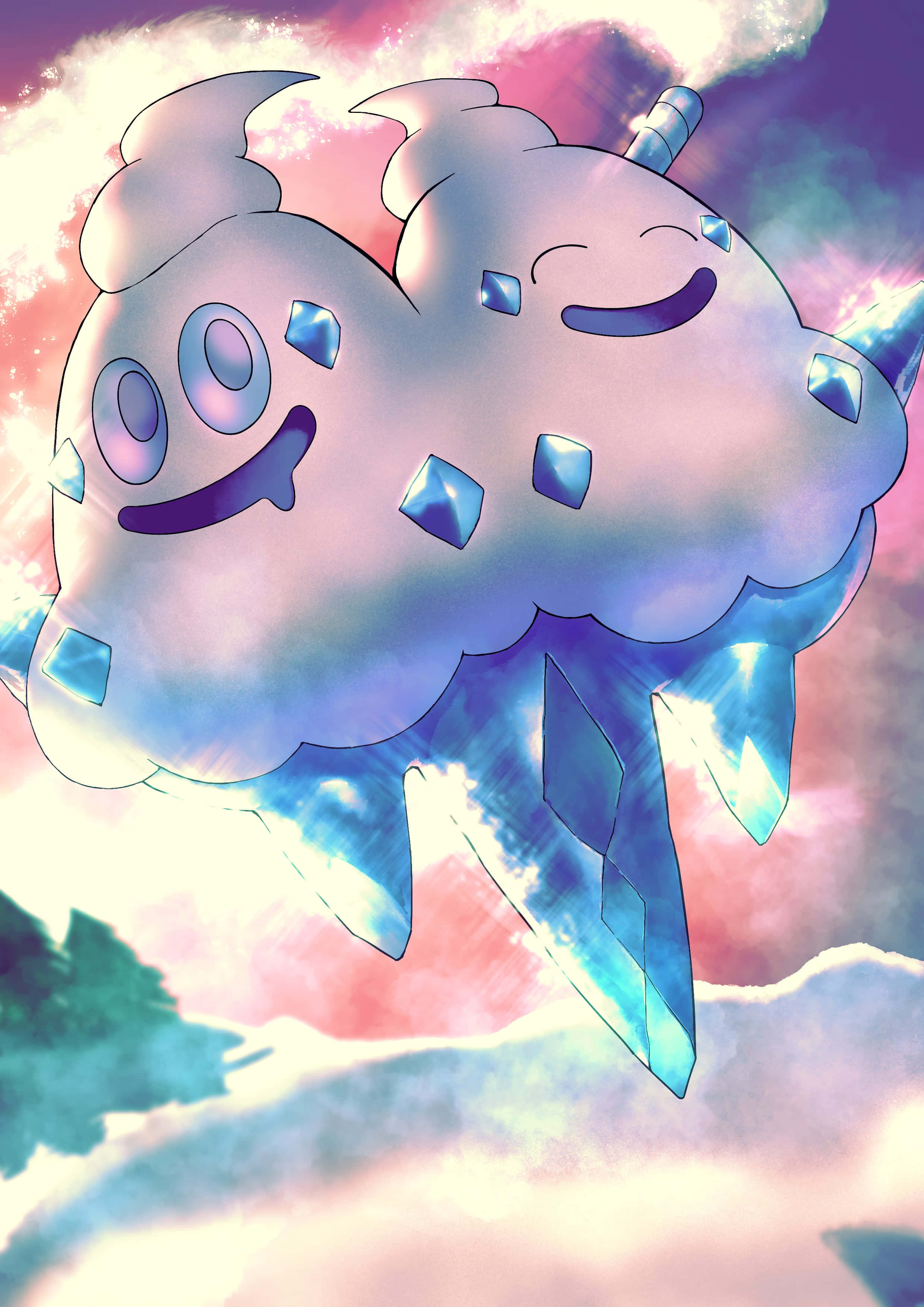 電玩遊戲 桌布 壁紙 — 一隻開心的動畫風格雲Pokémon，帶著藍色寶石，在柔和的天空上平靜地漂浮。