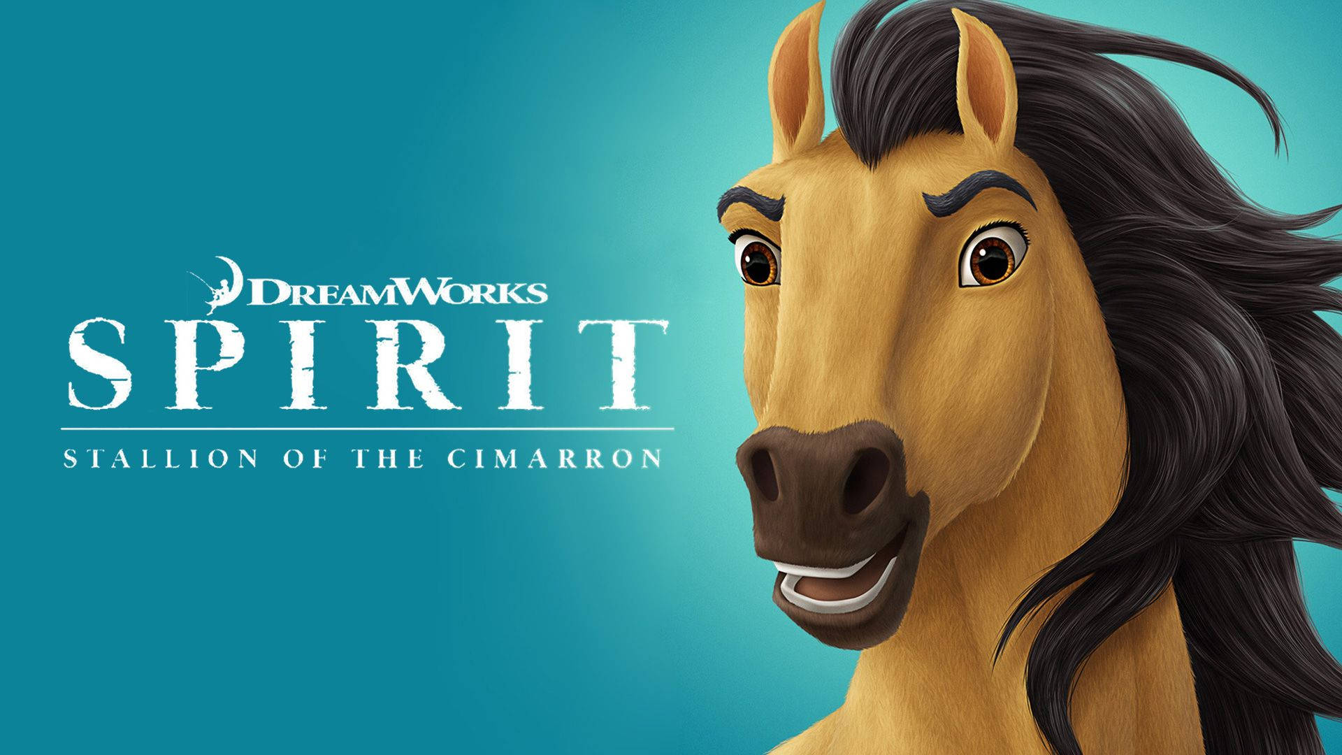 來自DreamWorks Spirit的動畫馬角色微笑，帶有標題文字。 — 馬 壁紙