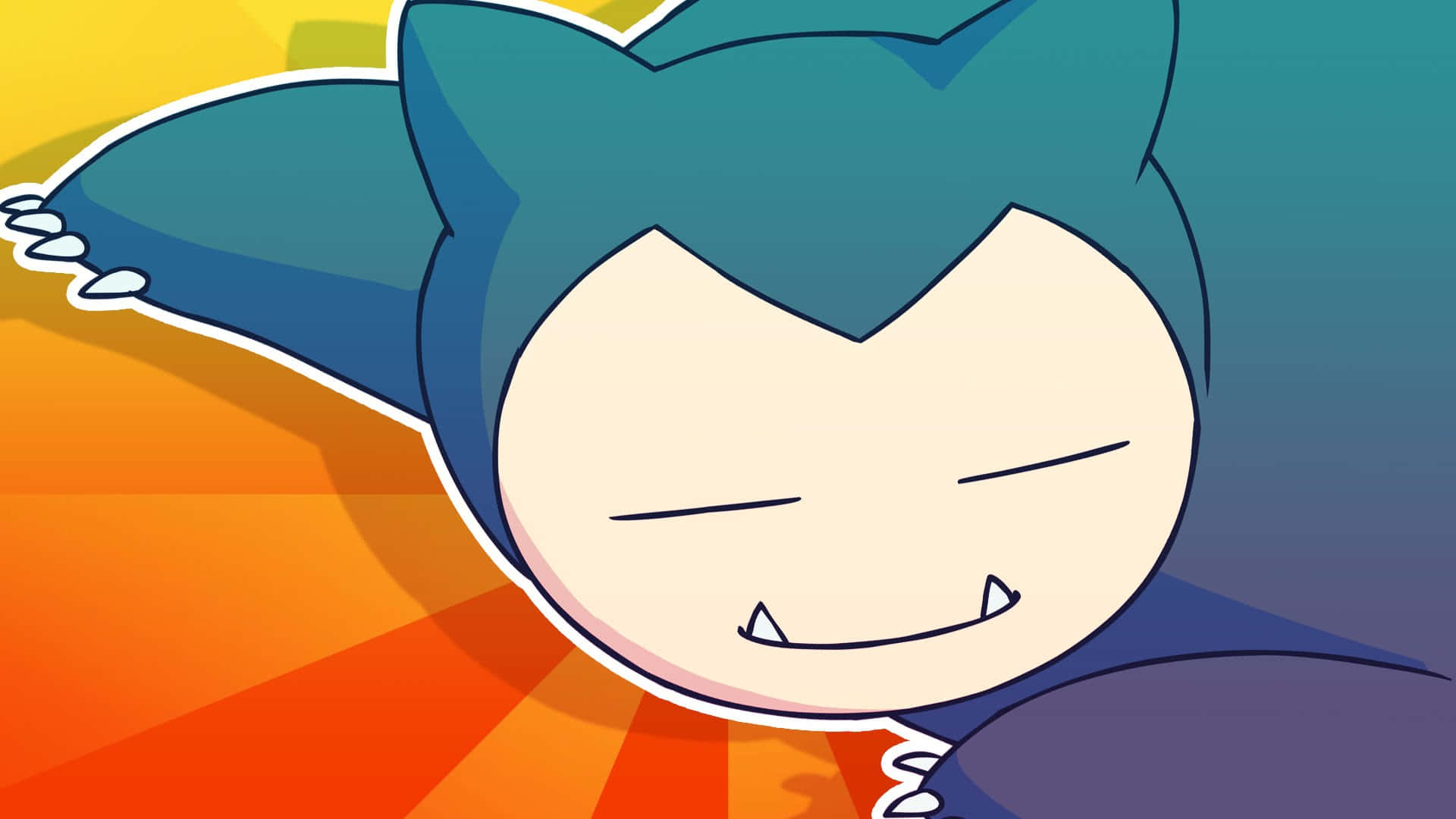 卡比獸 桌布 壁紙 — 一隻開心的卡通 Snorlax 閉著眼睛微笑，在充滿活力的漸變背景前放鬆。