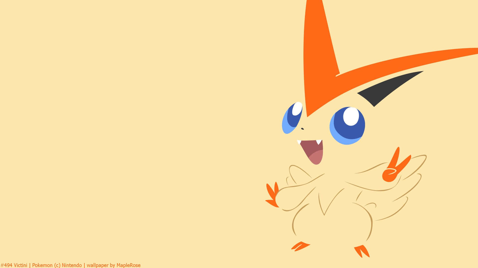 寶可夢 桌布 壁紙 — 一隻開心的卡通 Victini，擁有橙色閃電頭髮和藍色眼睛，在純米色背景上頑皮地微笑。