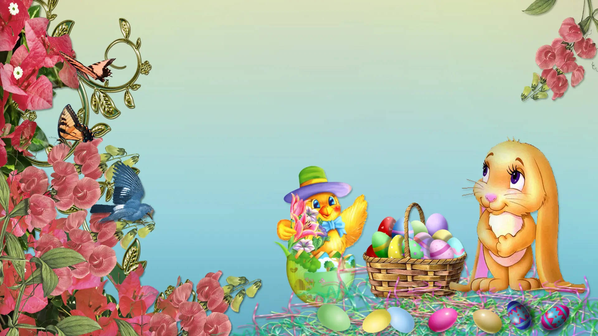 Easter 桌布 壁紙 — 一隻開心的卡通兔子和雞仔在盛開的粉紅色花朵和翩翩起舞的蝴蝶下，在籃子旁邊收集色彩繽紛的復活節蛋。