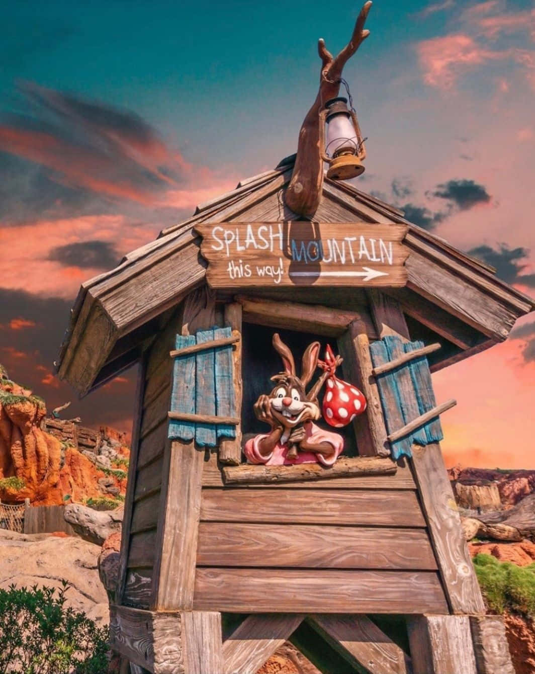Splash Mountain 桌布 壁紙 — 一隻開心的卡通兔子在一個寫著 Splash Mountain 的質樸木屋裡揮手，背景是充滿活力的日落天空。