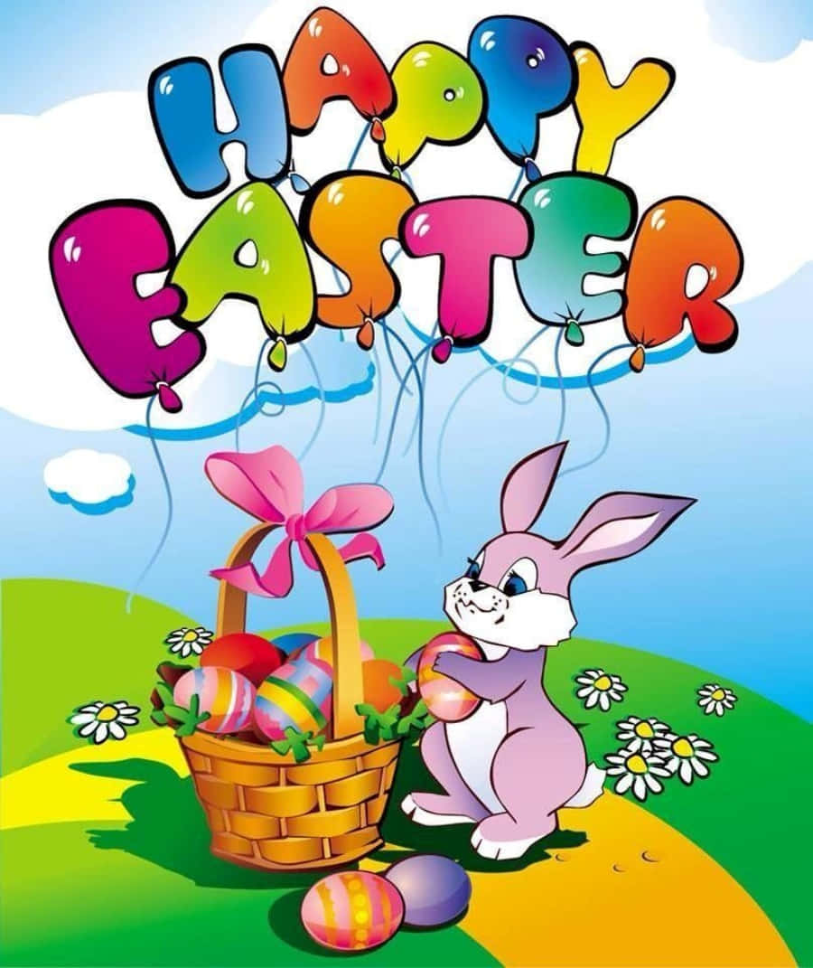 Happy Easter 桌布 壁紙 — 一隻開心的卡通兔子在陽光明媚的草地上，在彩虹字母氣球下，拿著一個彩色復活節蛋，旁邊有一個裝滿裝飾蛋的籃子。