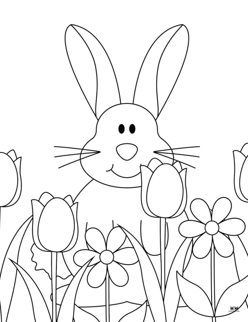 Spring Coloring 桌布 壁紙 — 一隻開心的卡通兔子在黑白著色頁中，於勾勒的鬱金香和雛菊之間微笑。